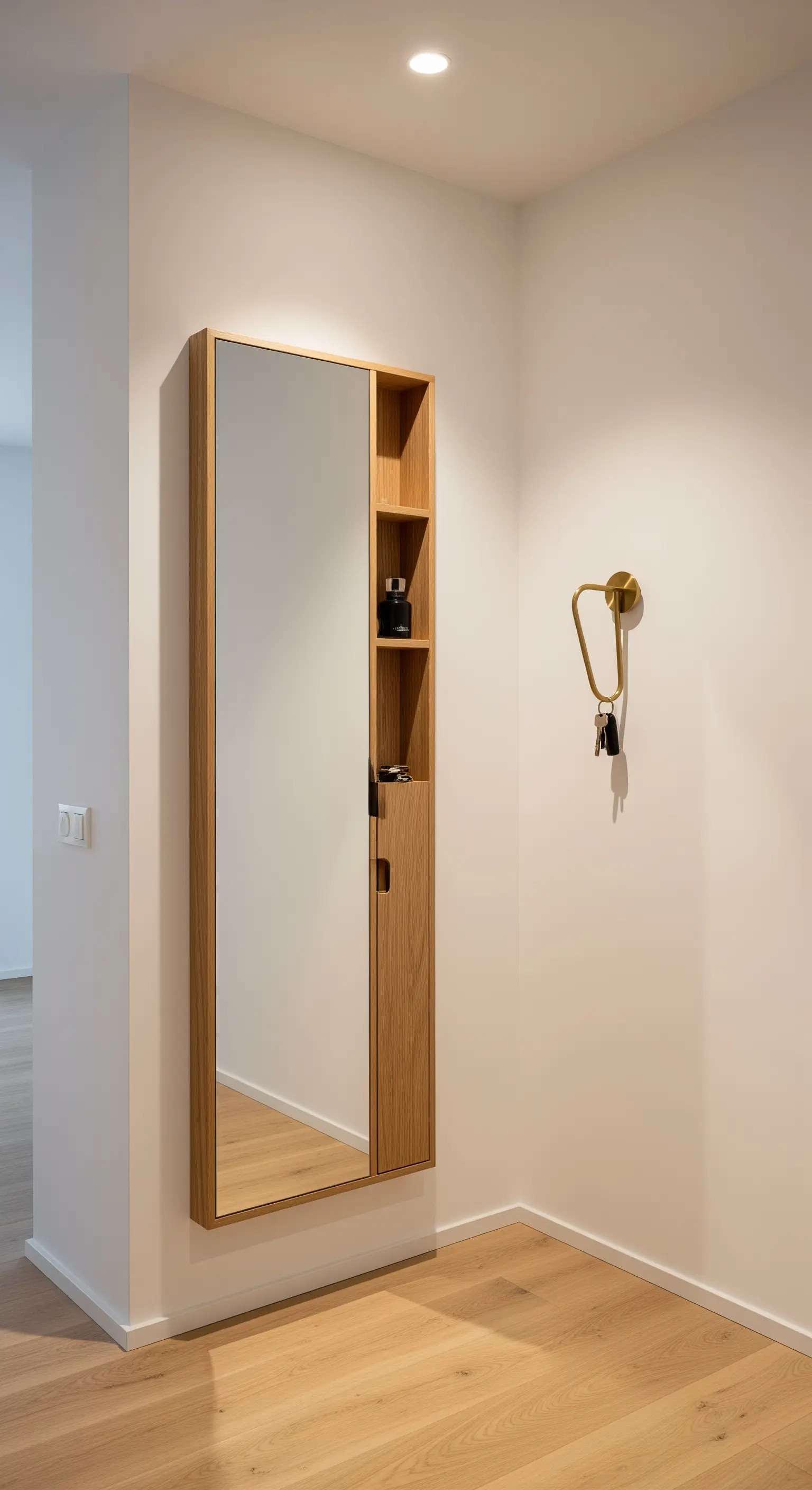 Hoher Wandspiegel mit integriertem Holzregal und separatem Schlüsselhaken
