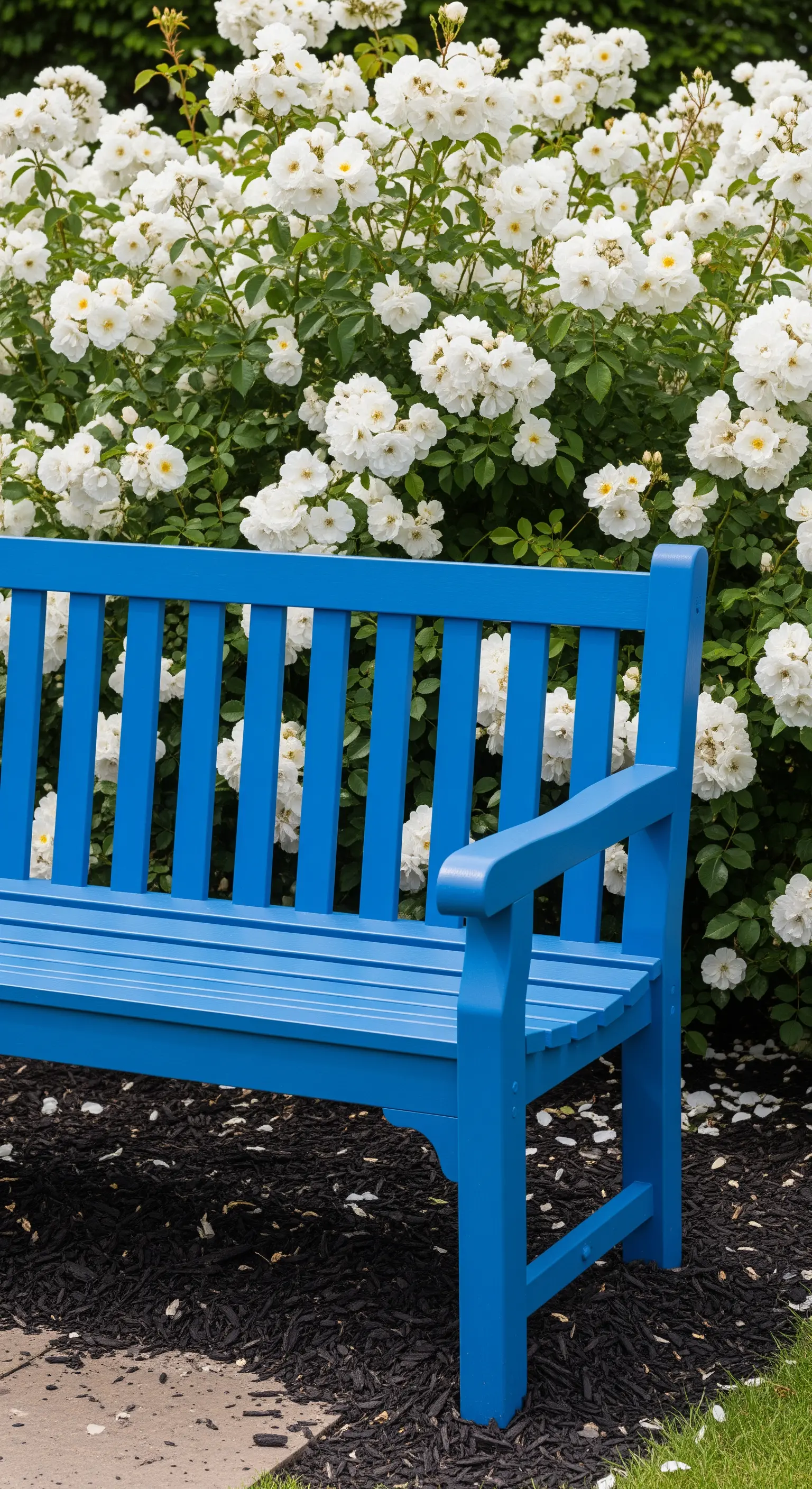 Leuchtend blaue Holzbank vor einem üppigen Strauch mit reinweißen Rosen auf dunklem Mulch.