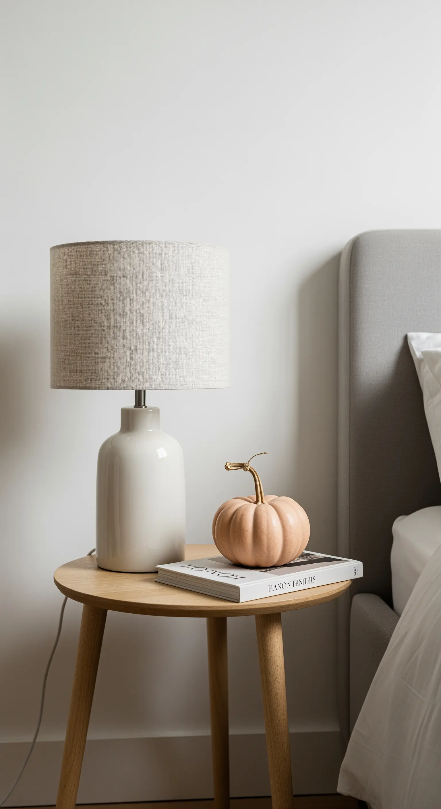 Nachttisch mit Lampe, Büchern und einem einzelnen pfirsichfarbenen Kürbis mit Goldstiel.