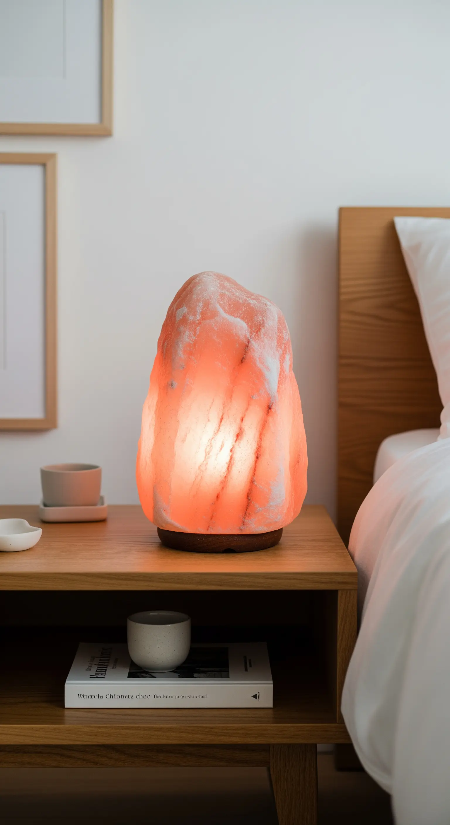 Eine leuchtende Salzkristall-Lampe steht auf einem Nachttisch aus hellem Holz neben einem Bett.