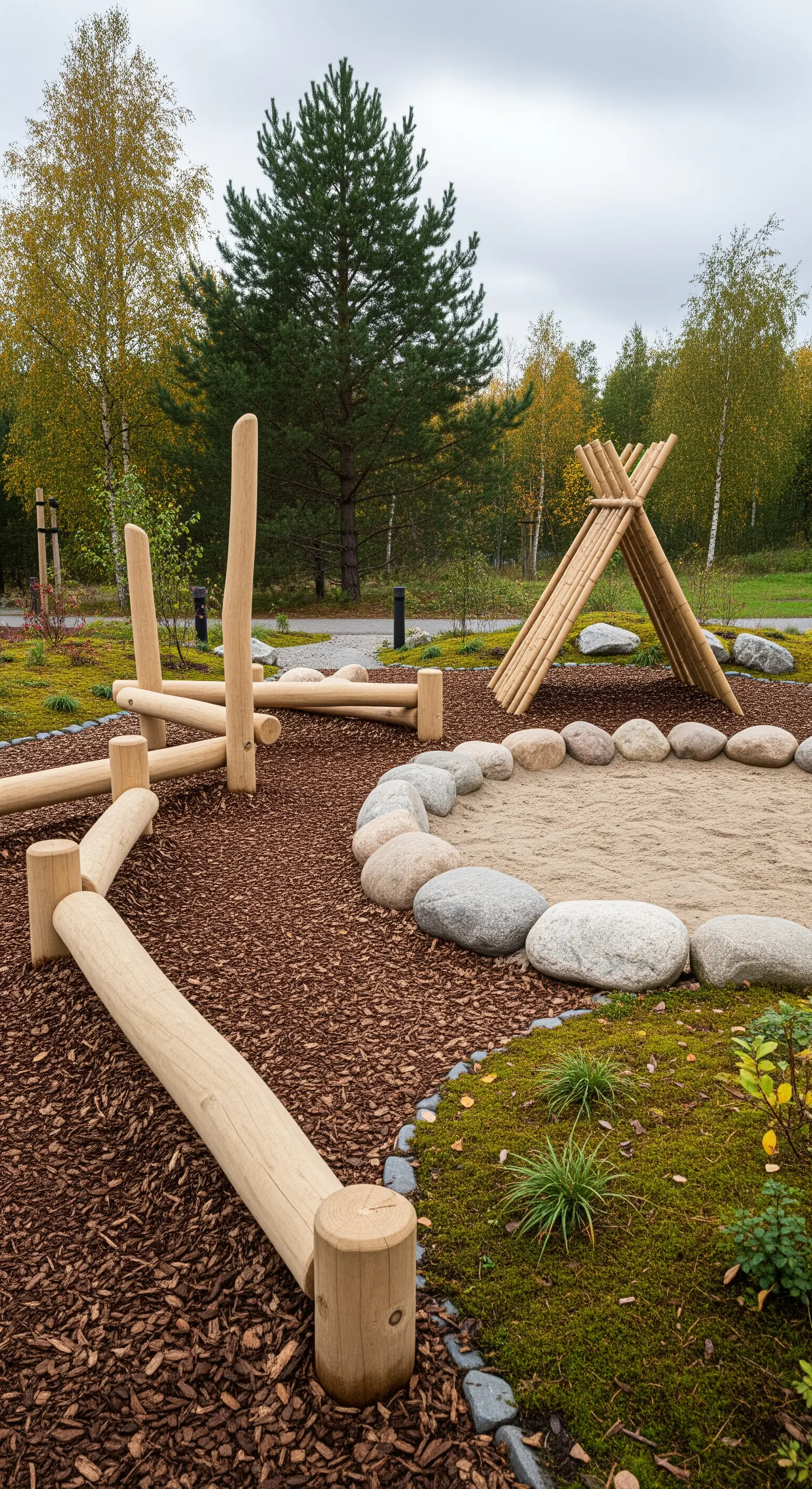 Natürlicher Spielplatz aus runden Holzstämmen und einem Sandkasten mit Steineinfassung