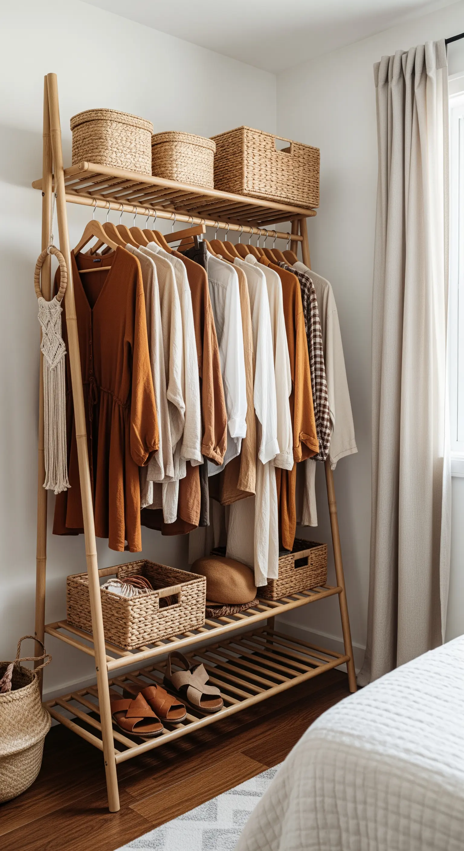 Offene Bambus-Kleiderstange mit farblich sortierter Kleidung und geflochtenen Körben.