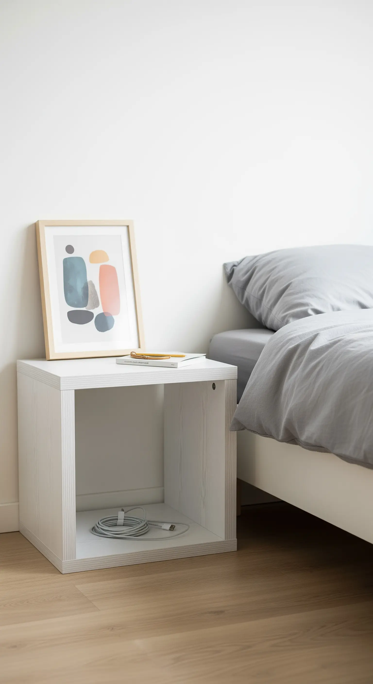 Ein weißer, offener Würfel dient als Nachttisch mit einem Bild und Ladekabel.