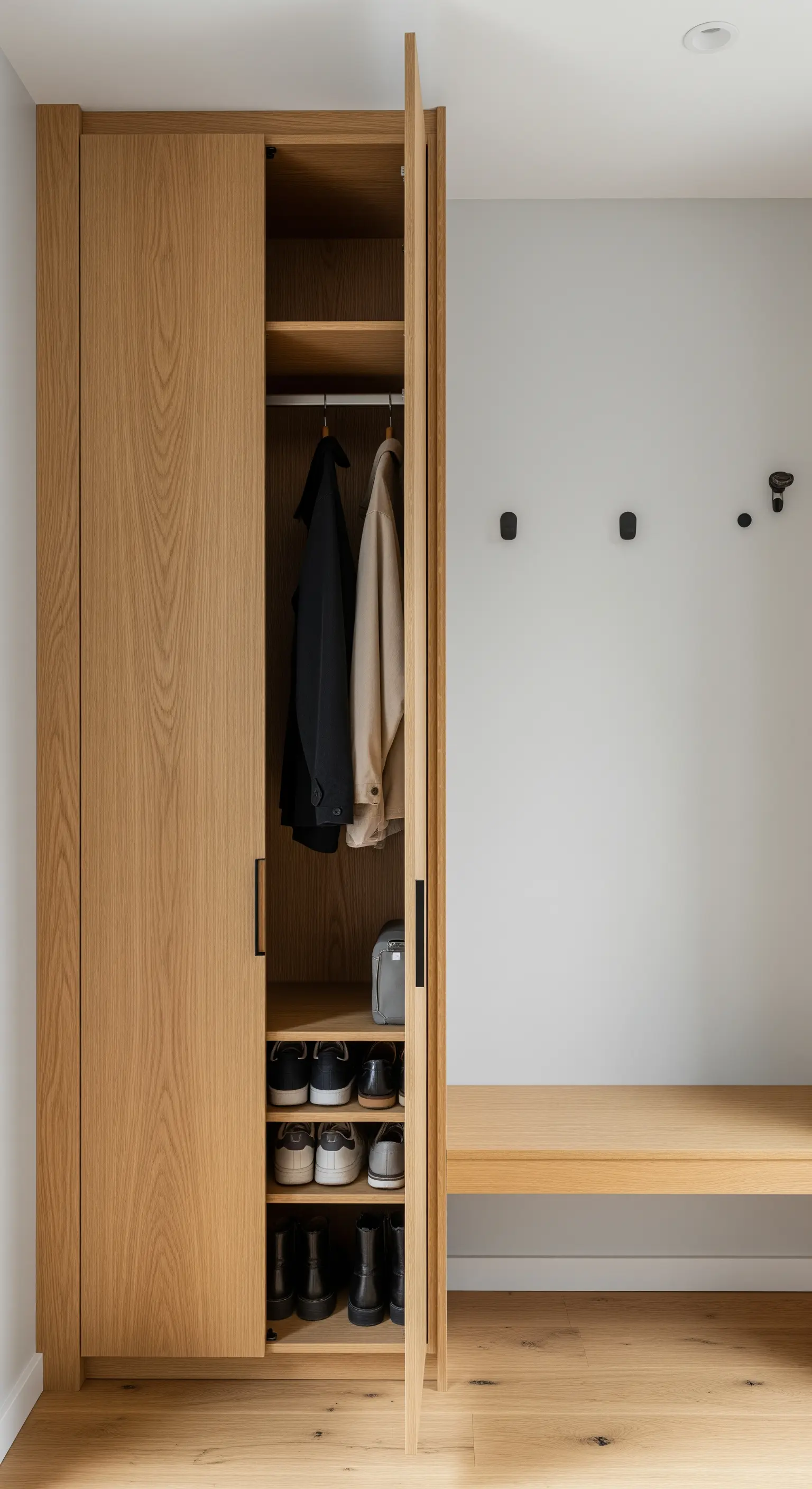 Minimalistischer Eingangsbereich mit hohem Eichenschrank und schwebender Sitzbank.