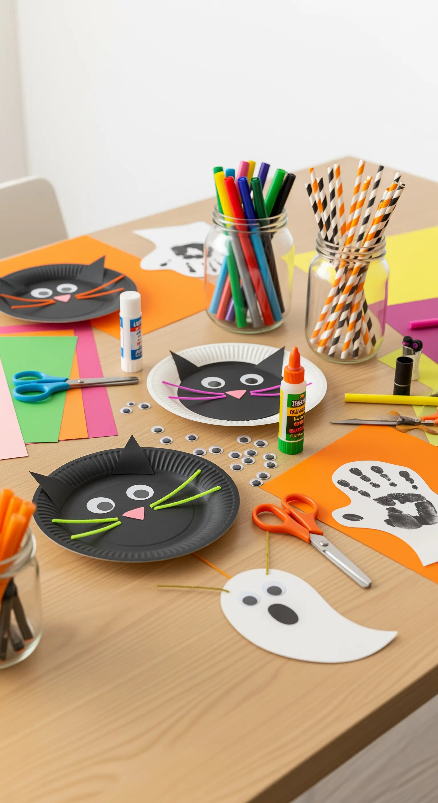 Ein aufgeräumter Holztisch mit Bastelmaterialien für Kinder, um Halloween-Deko zu gestalten.