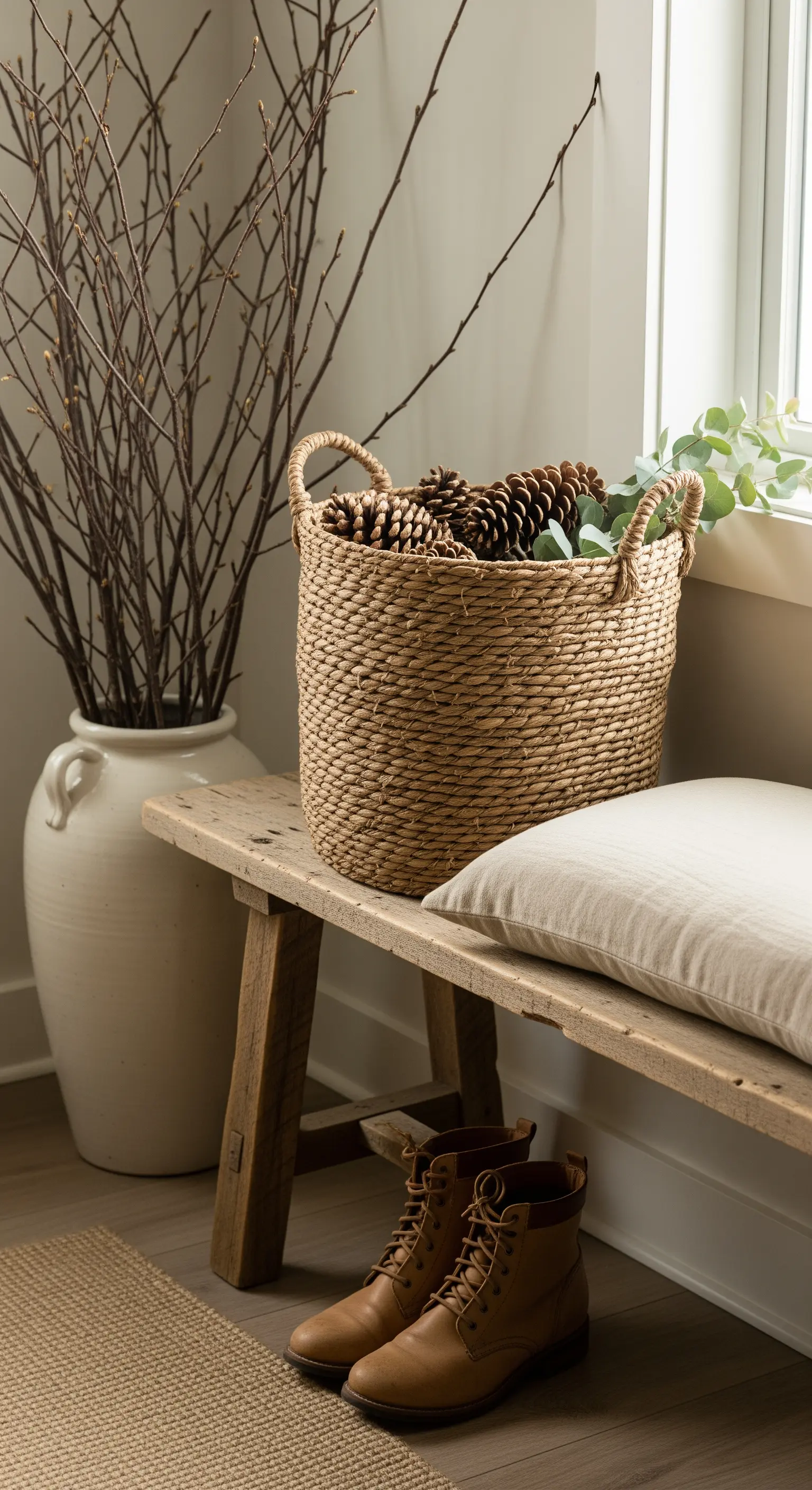 Eingangsbereich mit Holzbank, Korb mit Tannenzapfen und Vase mit Ästen.
