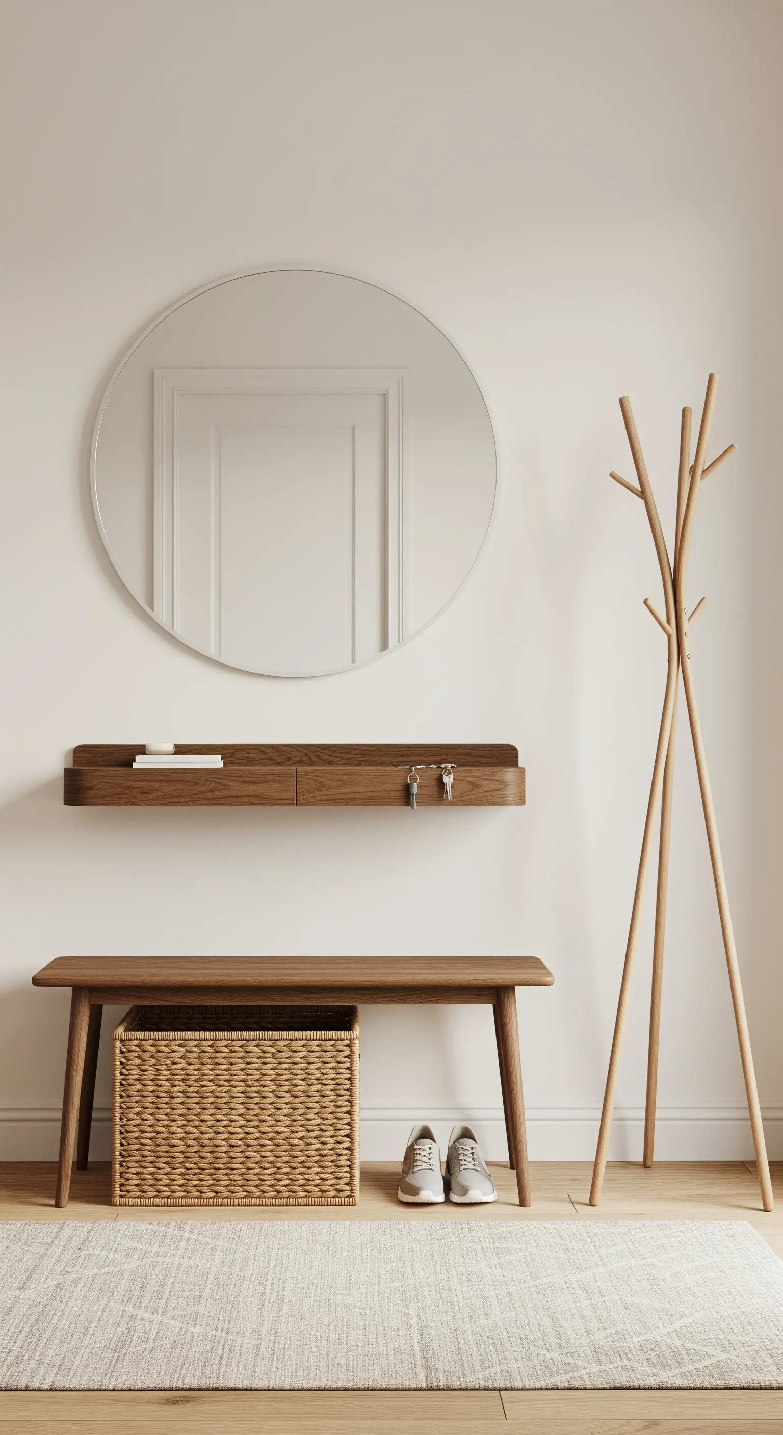 Aufgeräumter Eingangsbereich mit Holzbank, rundem Spiegel, Wandregal und Garderobenständer.