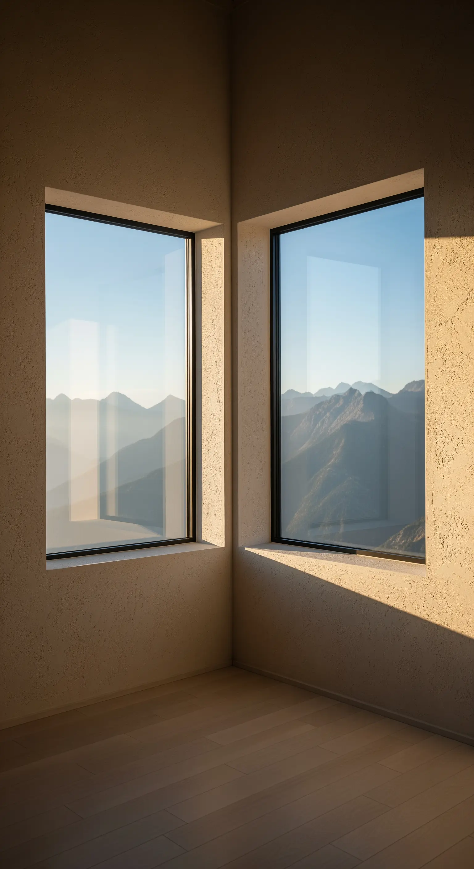 Leerer Raum mit zwei Eckfenstern, die einen weiten Blick auf eine Berglandschaft bieten.