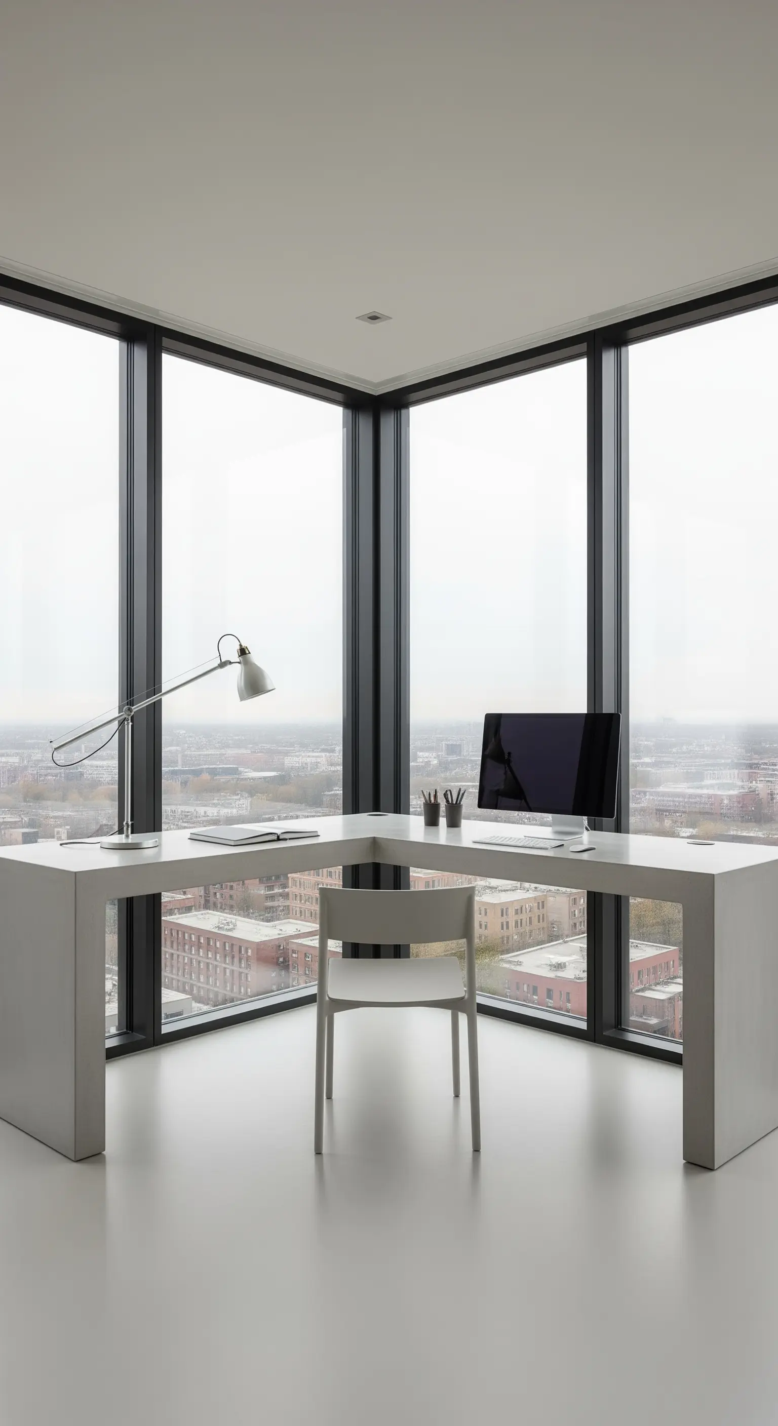 Weißer L-förmiger Eckschreibtisch vor bodentiefen Fenstern mit Panoramablick auf die Stadt.
