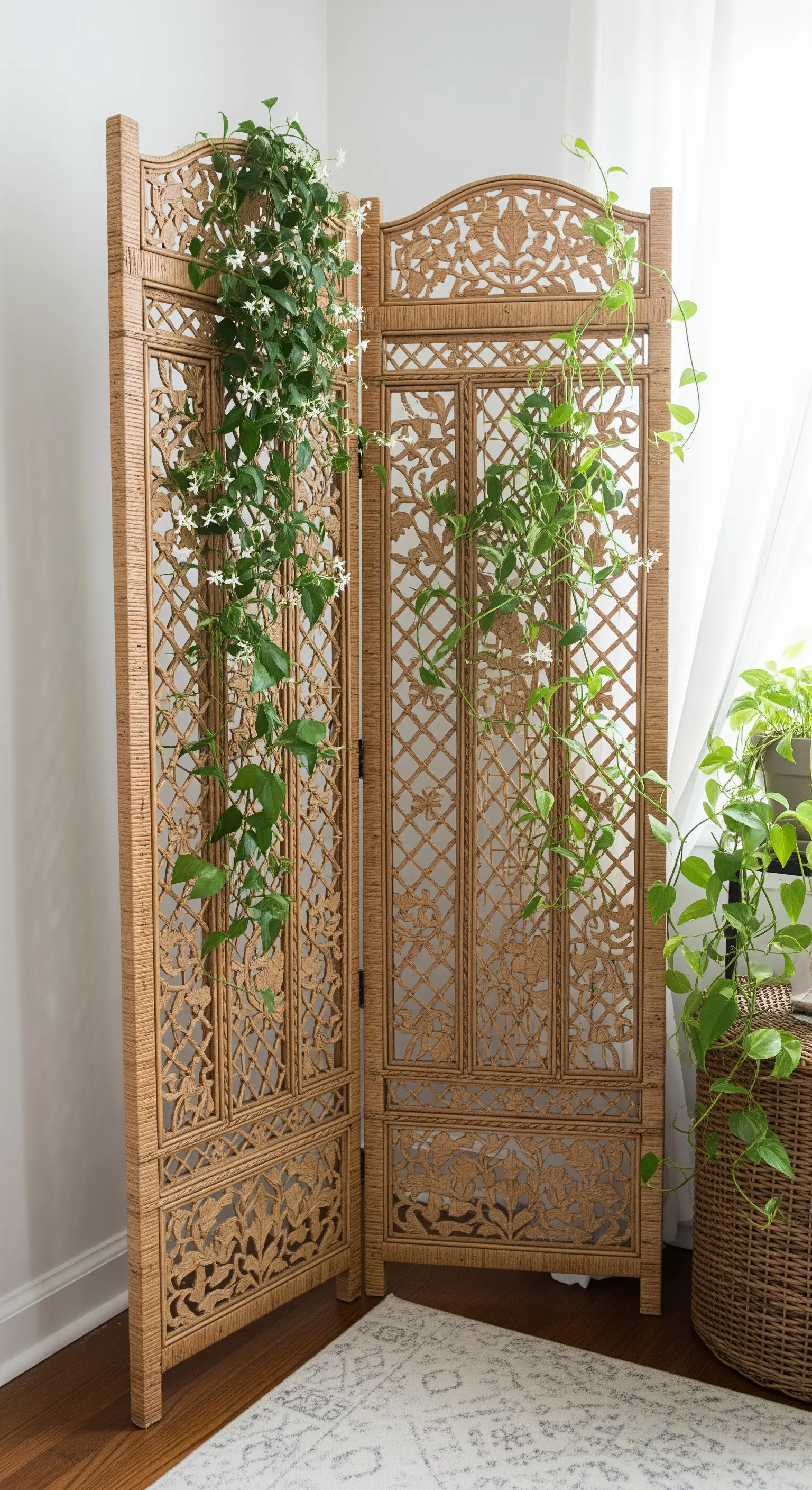 Ein dekorativer Paravent aus Rattan, an dem eine blühende Kletterpflanze emporrankt.