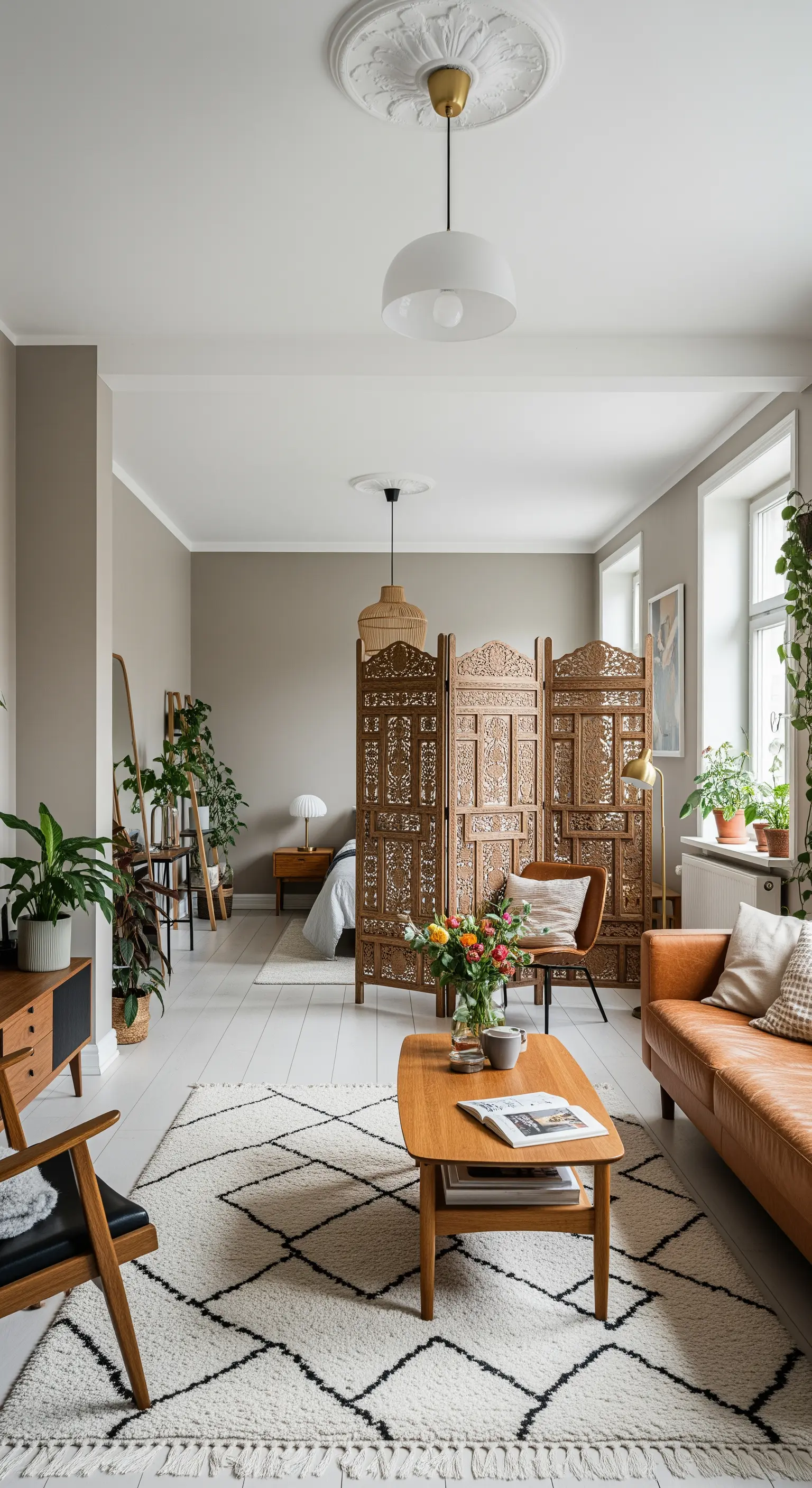 Ein geschnitzter Holz-Paravent trennt den Schlafbereich in einem offenen Wohnraum ab.