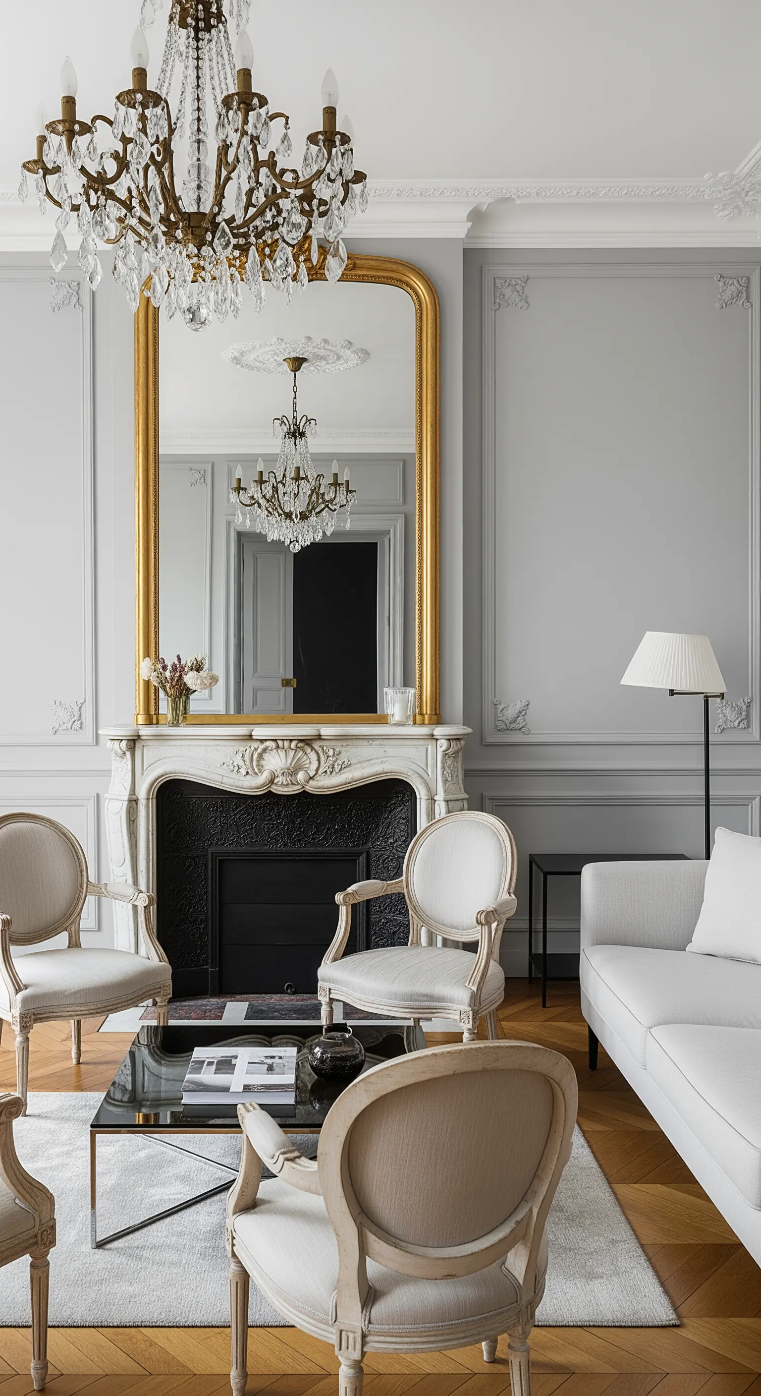 Klassischer Pariser Altbau mit Marmorkamin und einem großen, vergoldeten Spiegel.