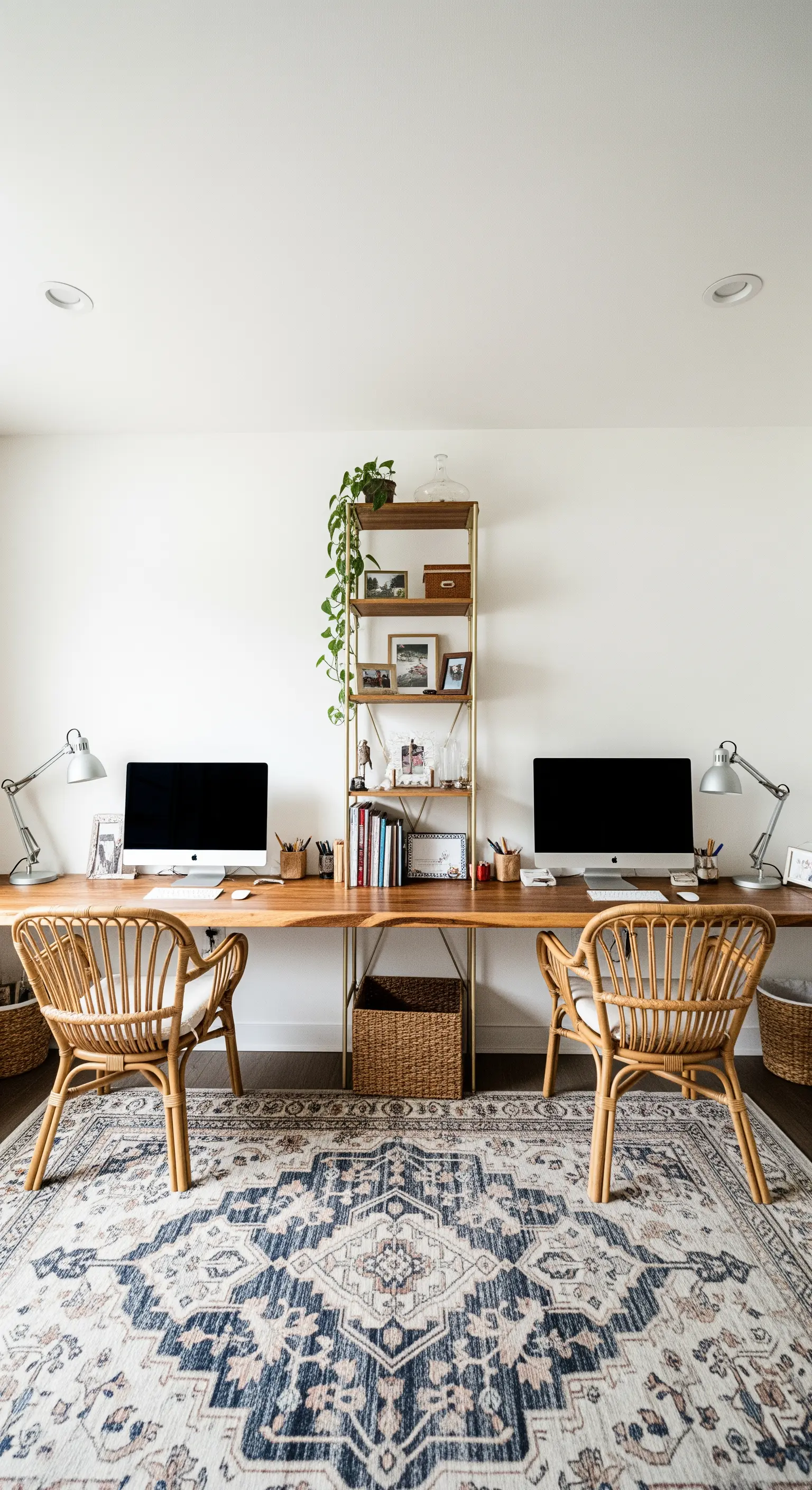 Symmetrischer Doppelarbeitsplatz mit langer Holzplatte, zwei Rattanstühlen und einem Teppich.