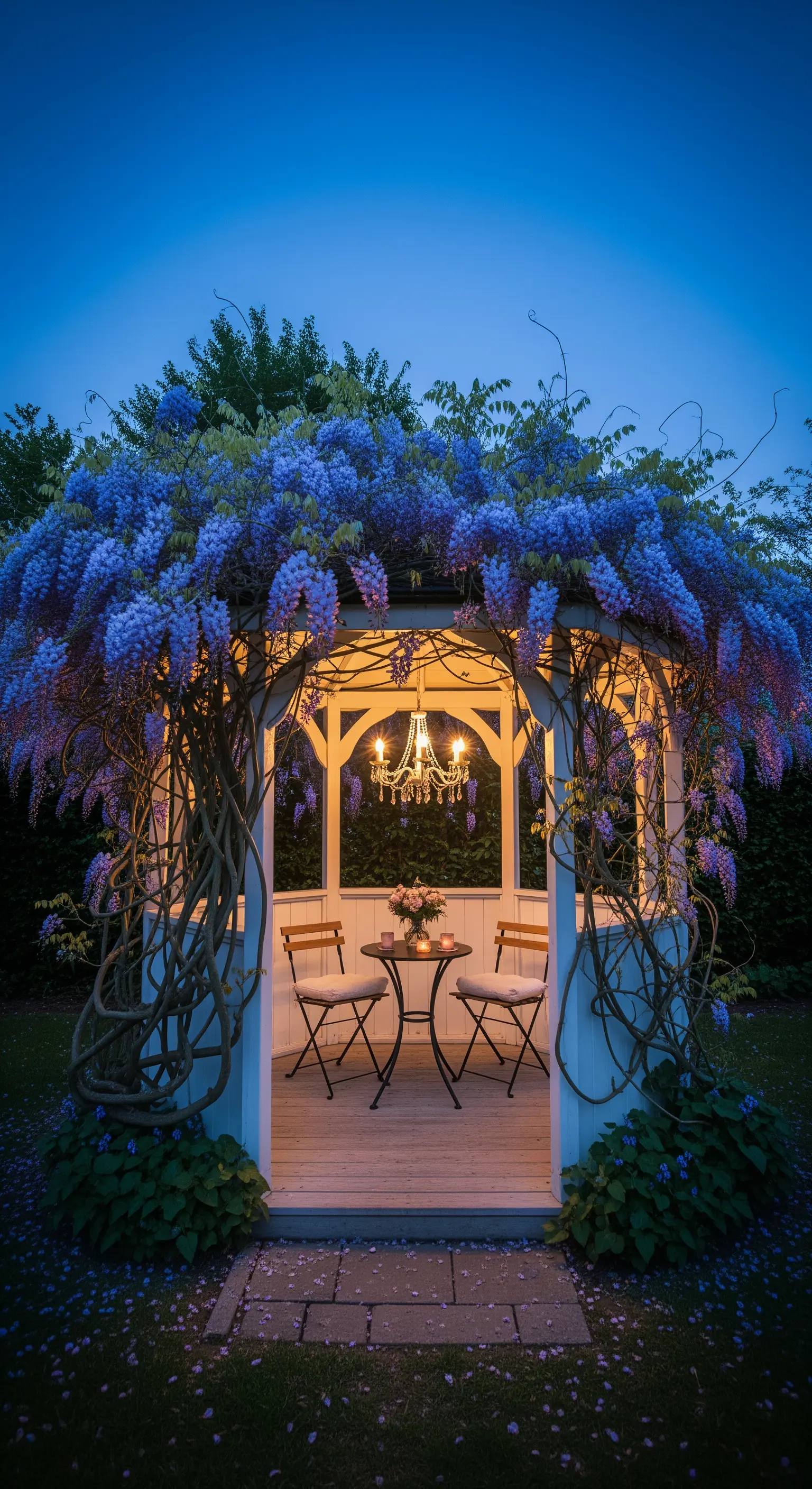 Ein weißer Pavillon, üppig mit blühendem Blauregen bewachsen und von einem Kronleuchter beleuchtet.
