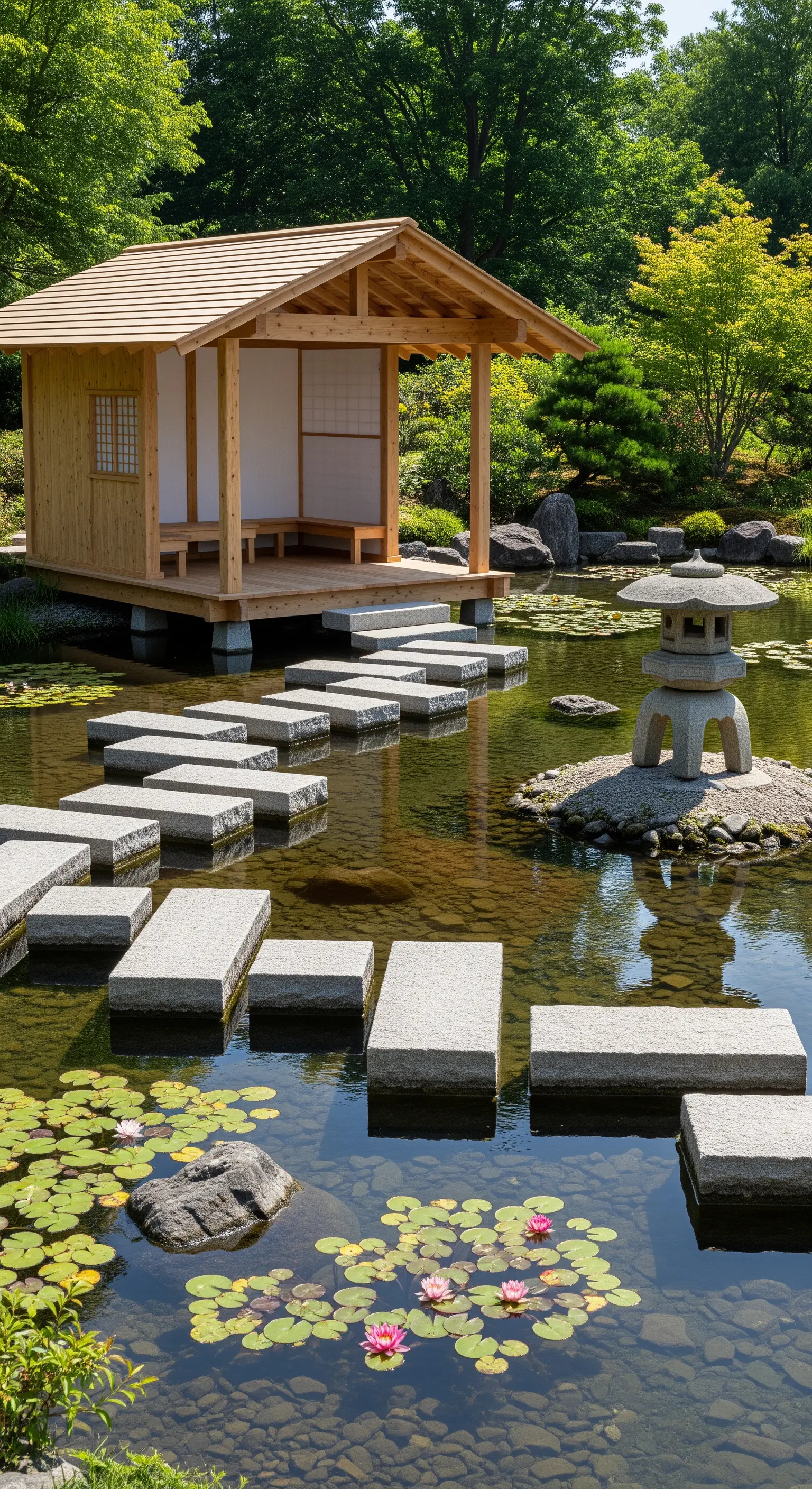 Ein Holzpavillon am Teich, erreichbar über schwebende Trittsteine aus Stein.
