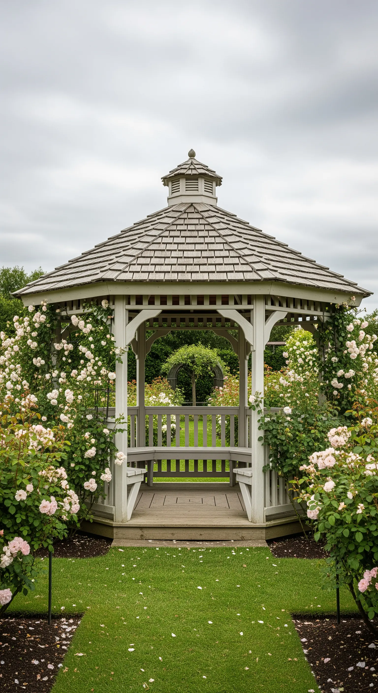 Weißer Gartenpavillon, umgeben von einem Meer aus blühenden weißen Rosen