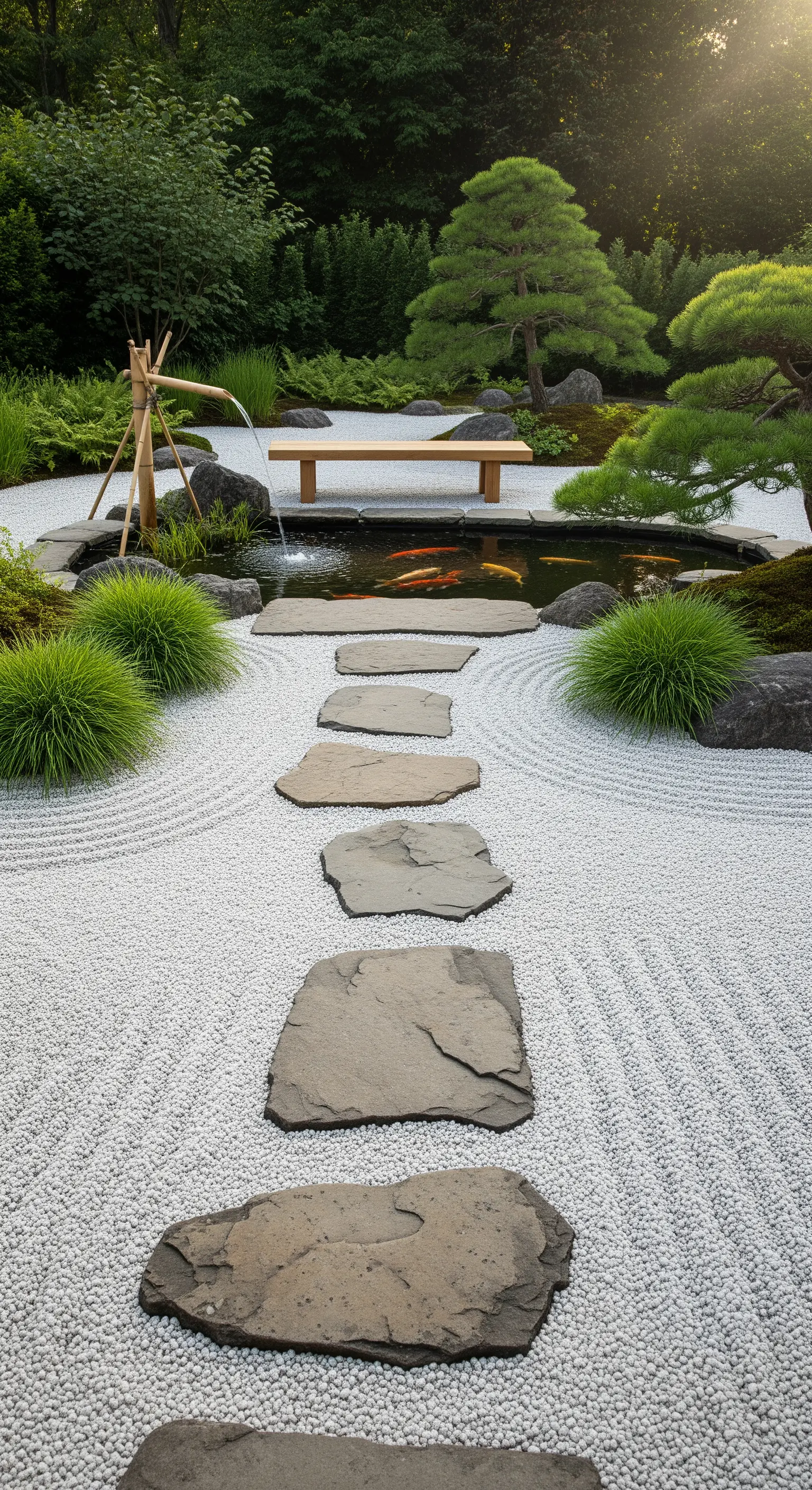 Zen-Garten mit geharktem Kies, Trittsteinen aus Stein und einem Koiteich mit Bambus-Wasserspiel.