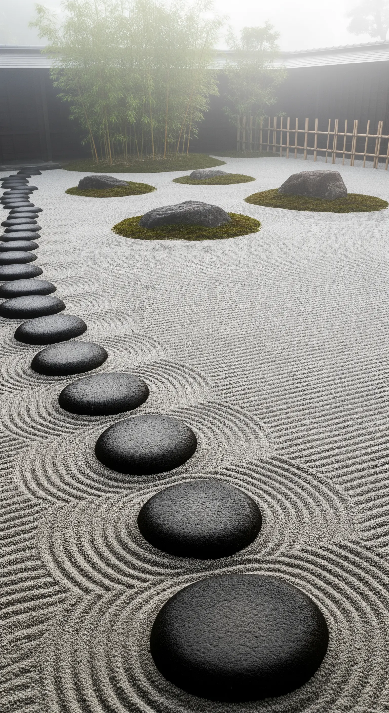 Pfad aus schwarzen Trittsteinen durch einen nebligen Sandgarten.
