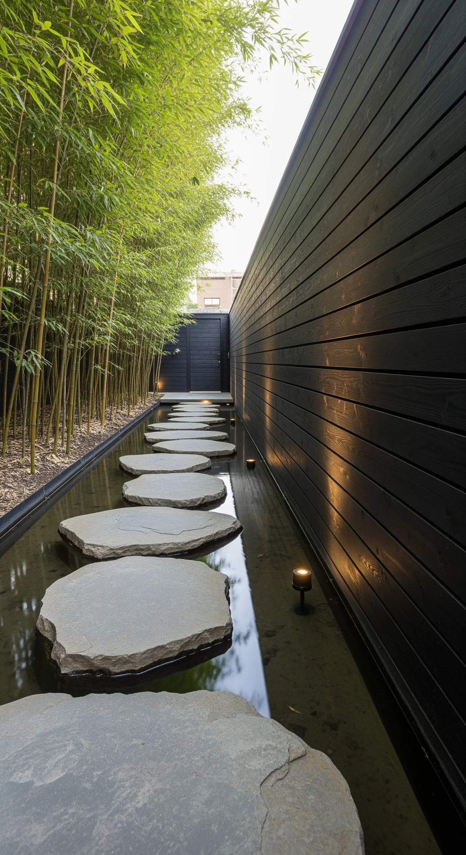 Pfad aus Trittsteinen über Wasser, flankiert von einer schwarzen Holzwand und Bambus.