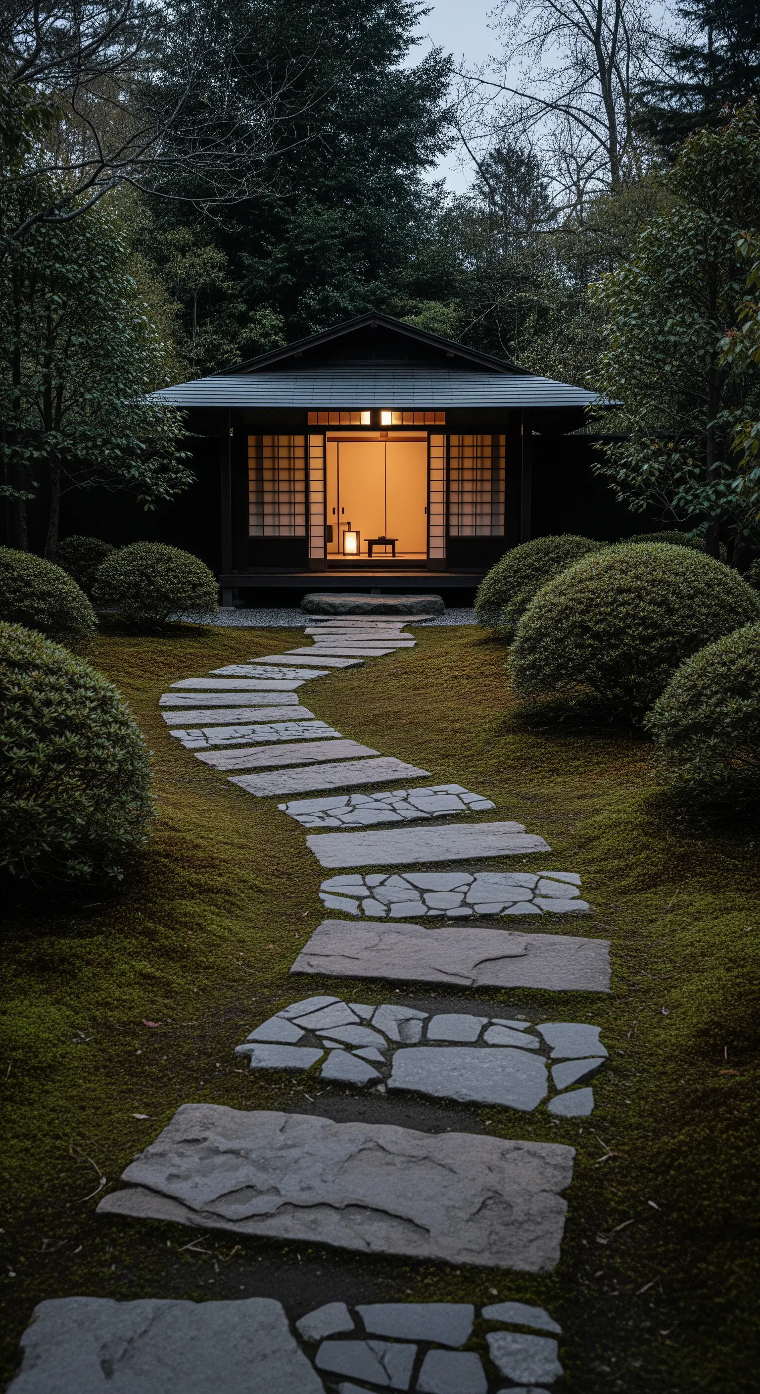 Geschwungener Gartenweg aus Steinplatten in einem Moosbett, der zu einem beleuchteten japanischen Haus führt