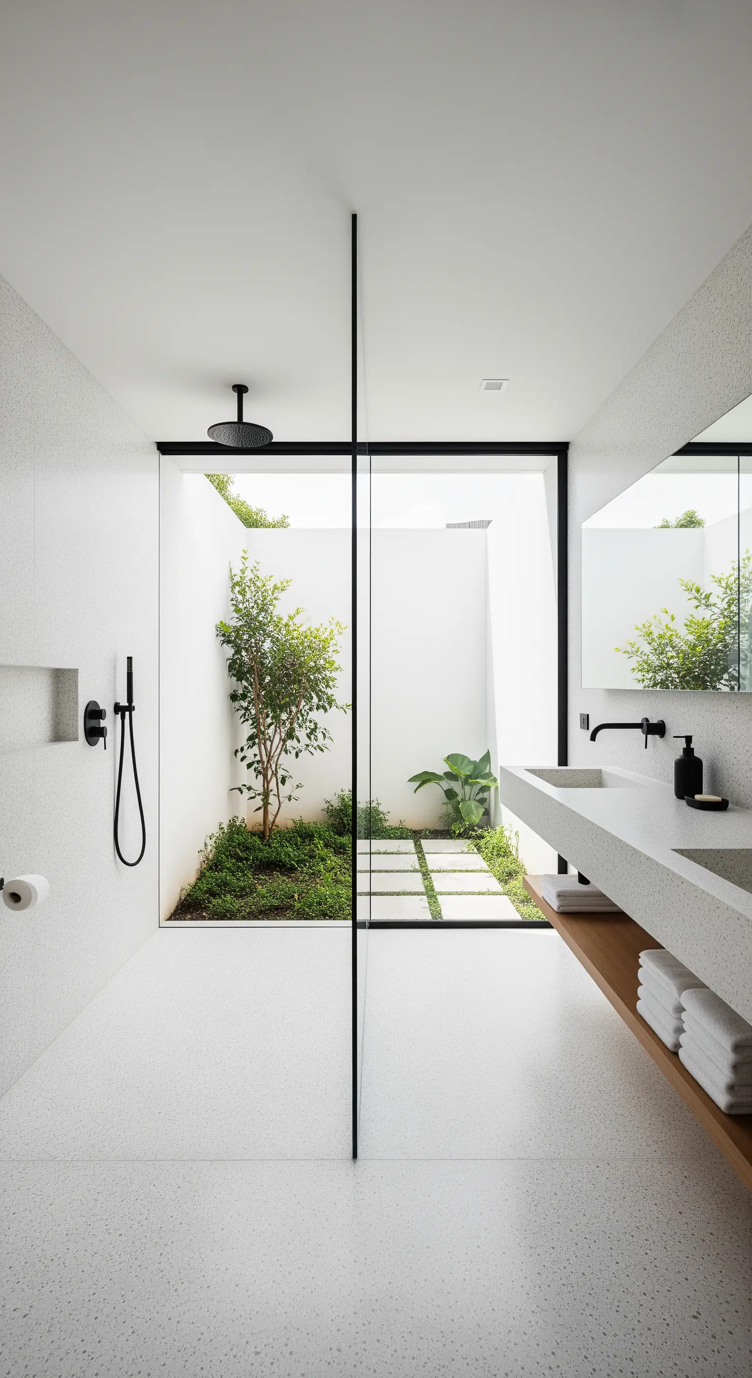Minimalistisches Badezimmer mit einer Glaswand, die den Blick auf einen kleinen begrünten Innenhof freigibt