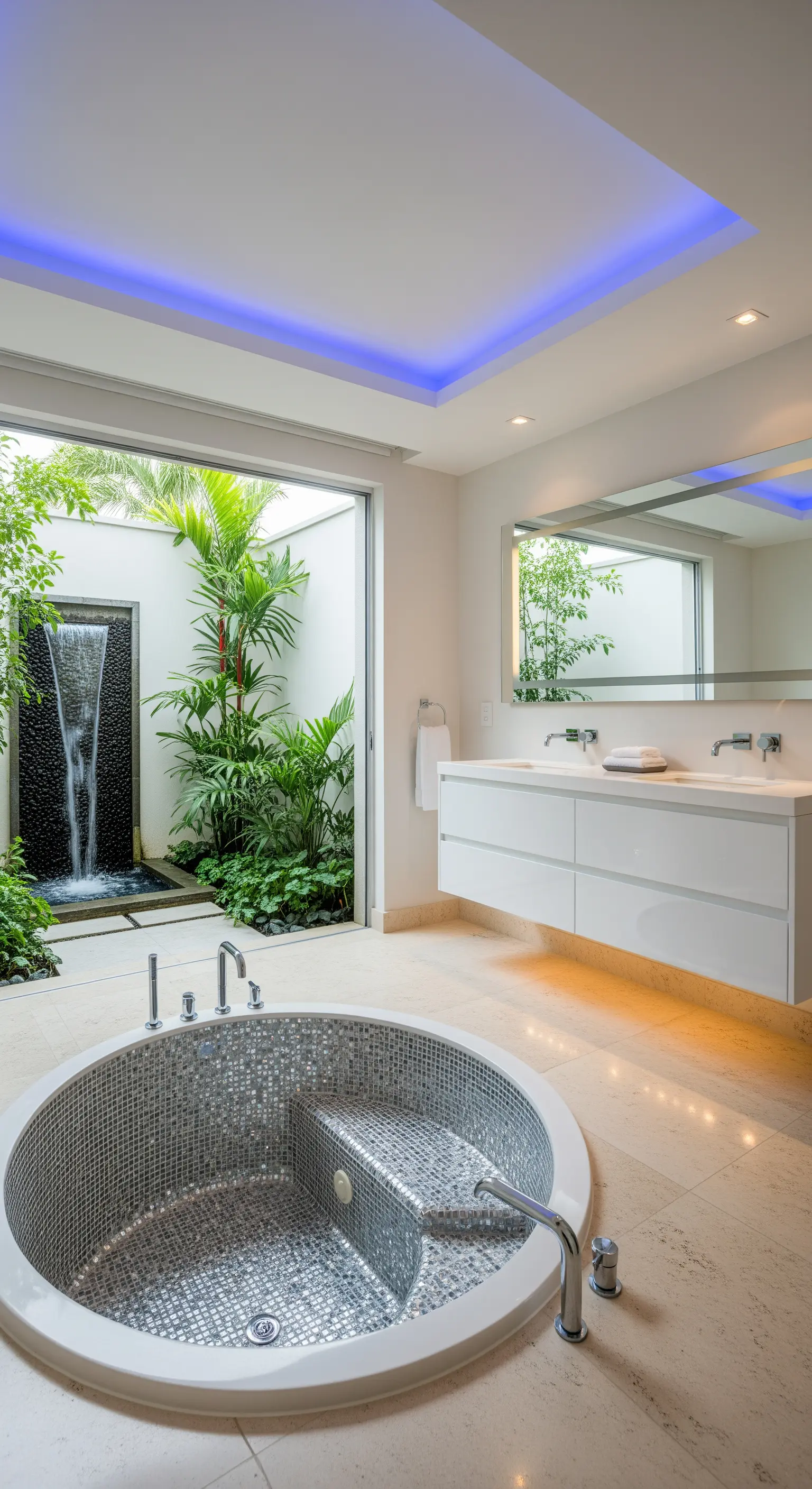 Luxusbad mit Mosaik-Whirlpool und Blick auf einen privaten Innenhof mit Wasserfall