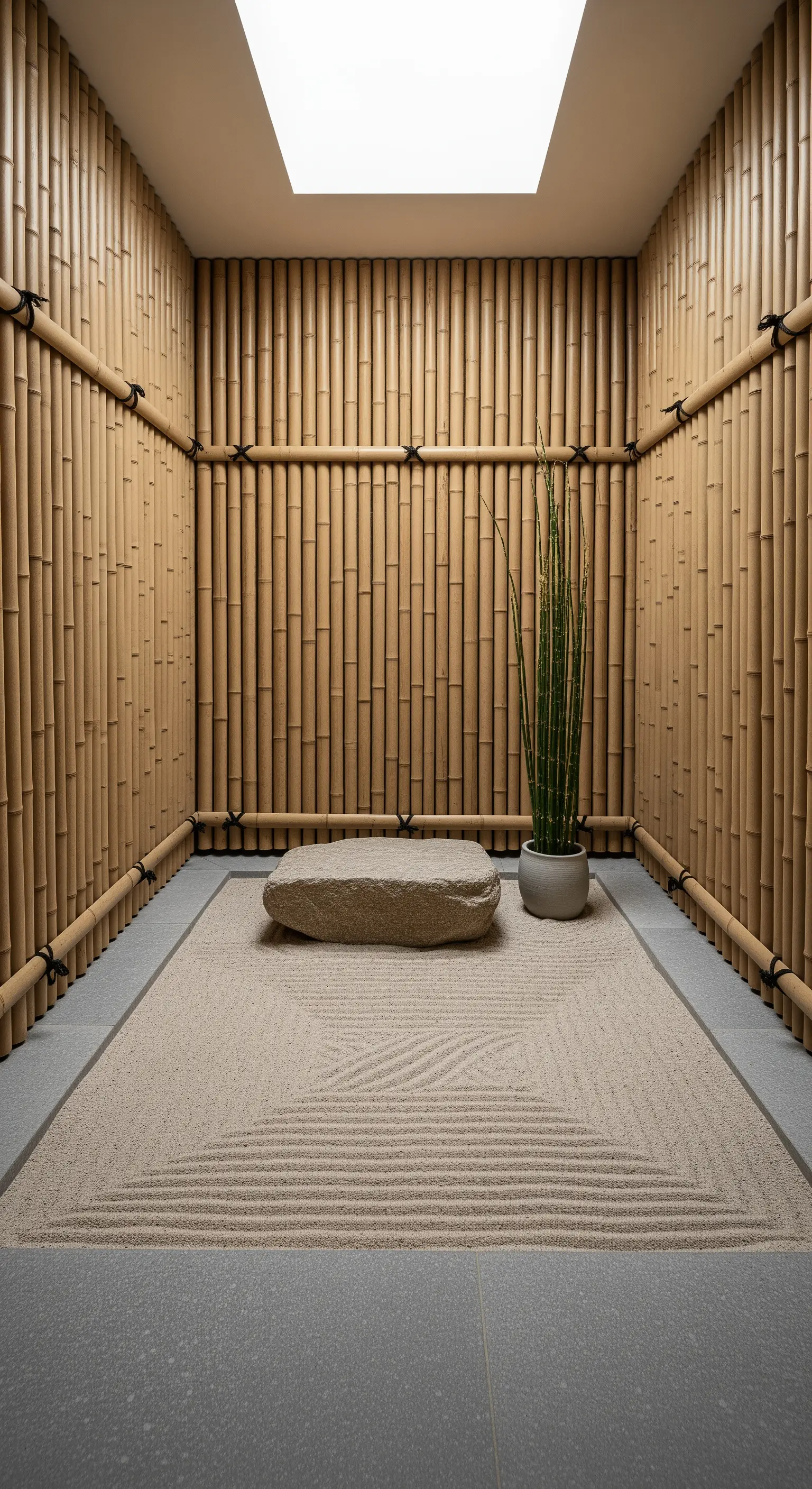 Meditationsraum mit Bambuswänden, Oberlicht und zentralem Stein.