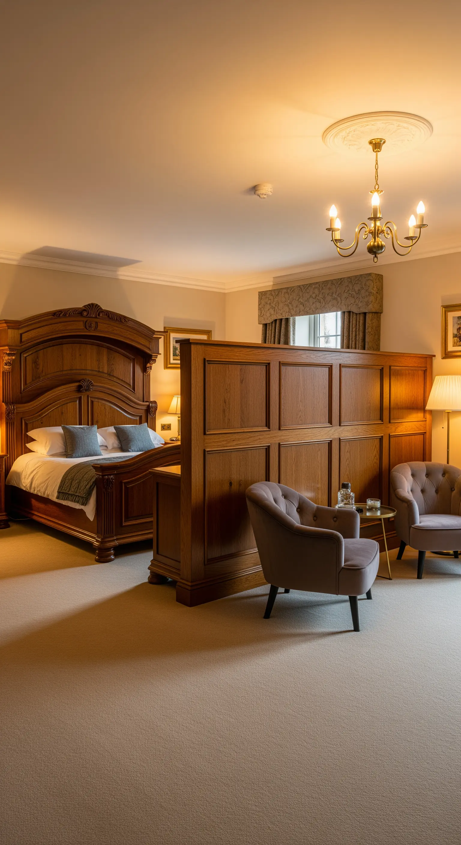 Klassische Hotelsuite mit einem Holzpaneel als Raumteiler hinter dem Bett.