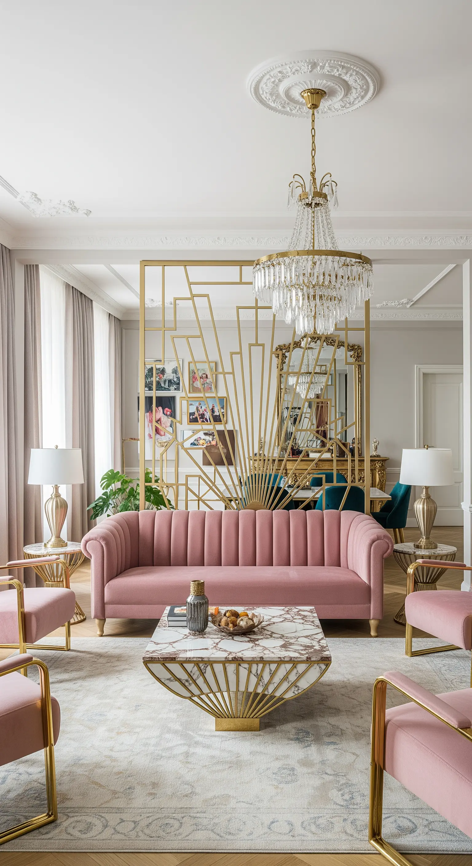Elegantes Wohnzimmer mit einem rosa Samtsofa und einem goldenen Art-déco-Raumteiler.