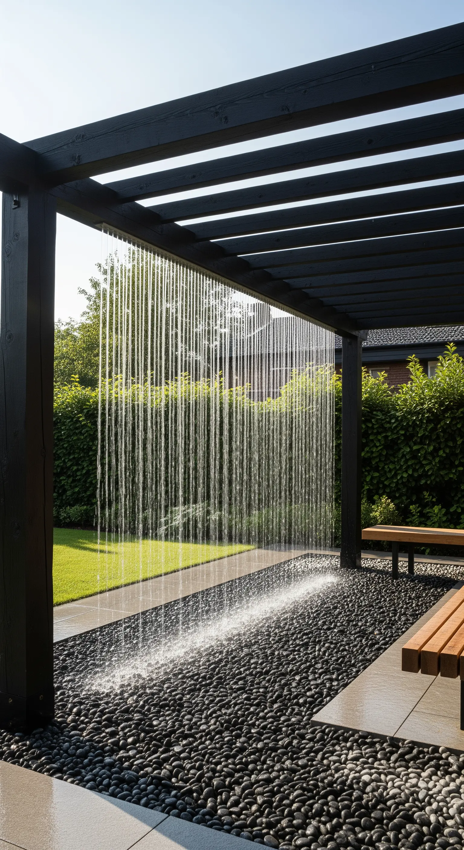 Schwarze Pergola mit einem Wasservorhang, der auf ein Bett aus schwarzen Kieseln fällt.