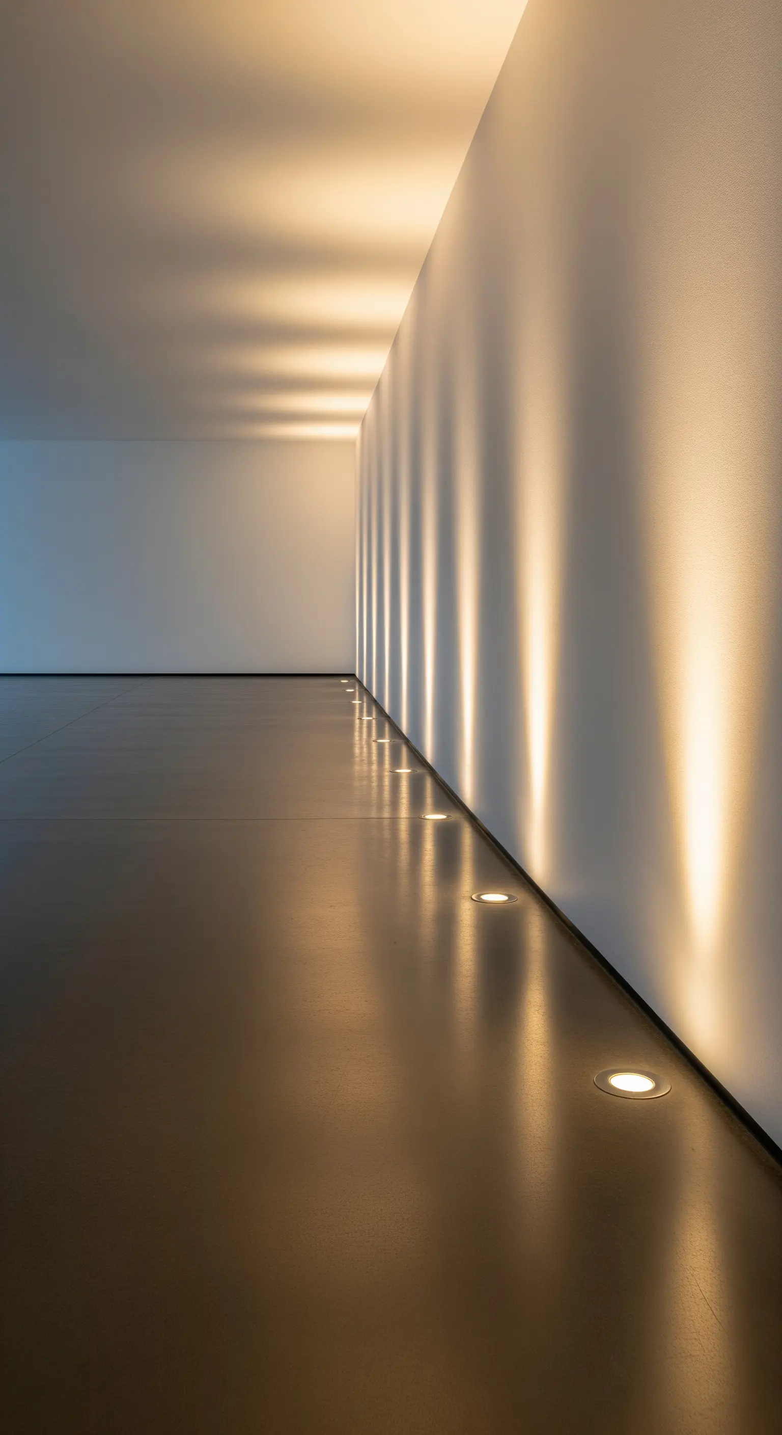 Eine Reihe von Bodenstrahlern wirft Lichtkegel an eine lange, weiße Wand in einem minimalistischen Raum.