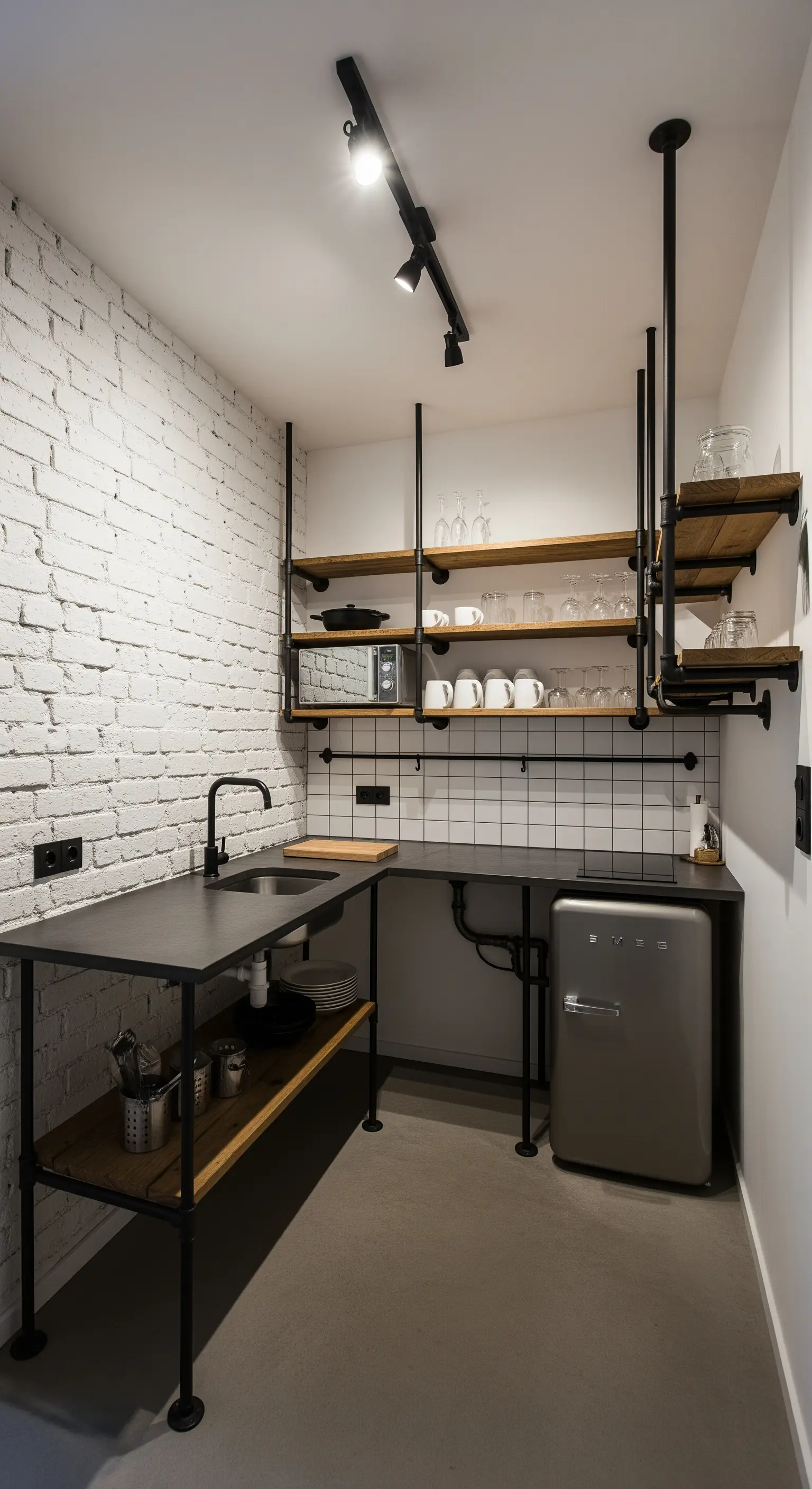 Kleine Küche mit weißer Ziegelwand und einem Regalsystem aus schwarzen Rohren.
