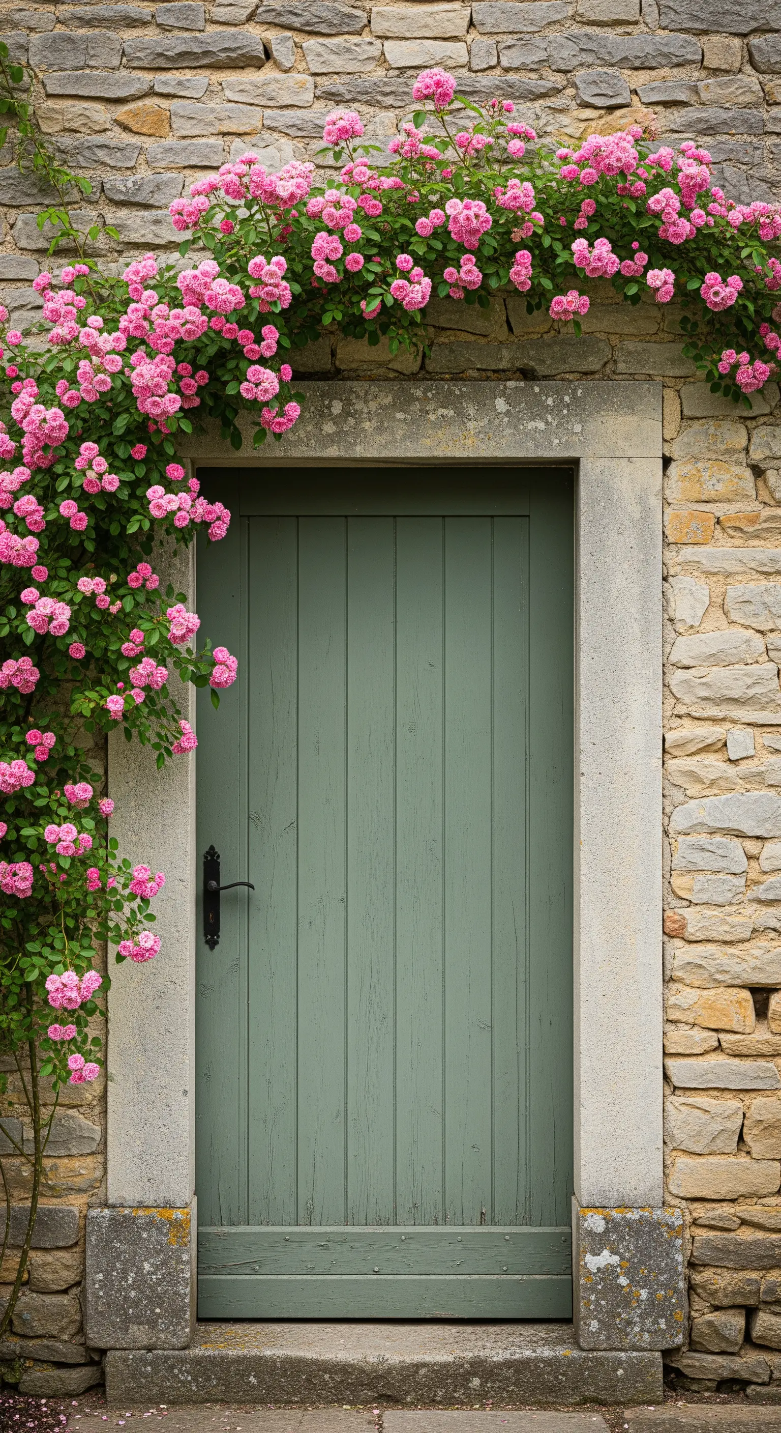 Eine von üppigen rosa Kletterrosen umrahmte Tür in einer Natursteinmauer