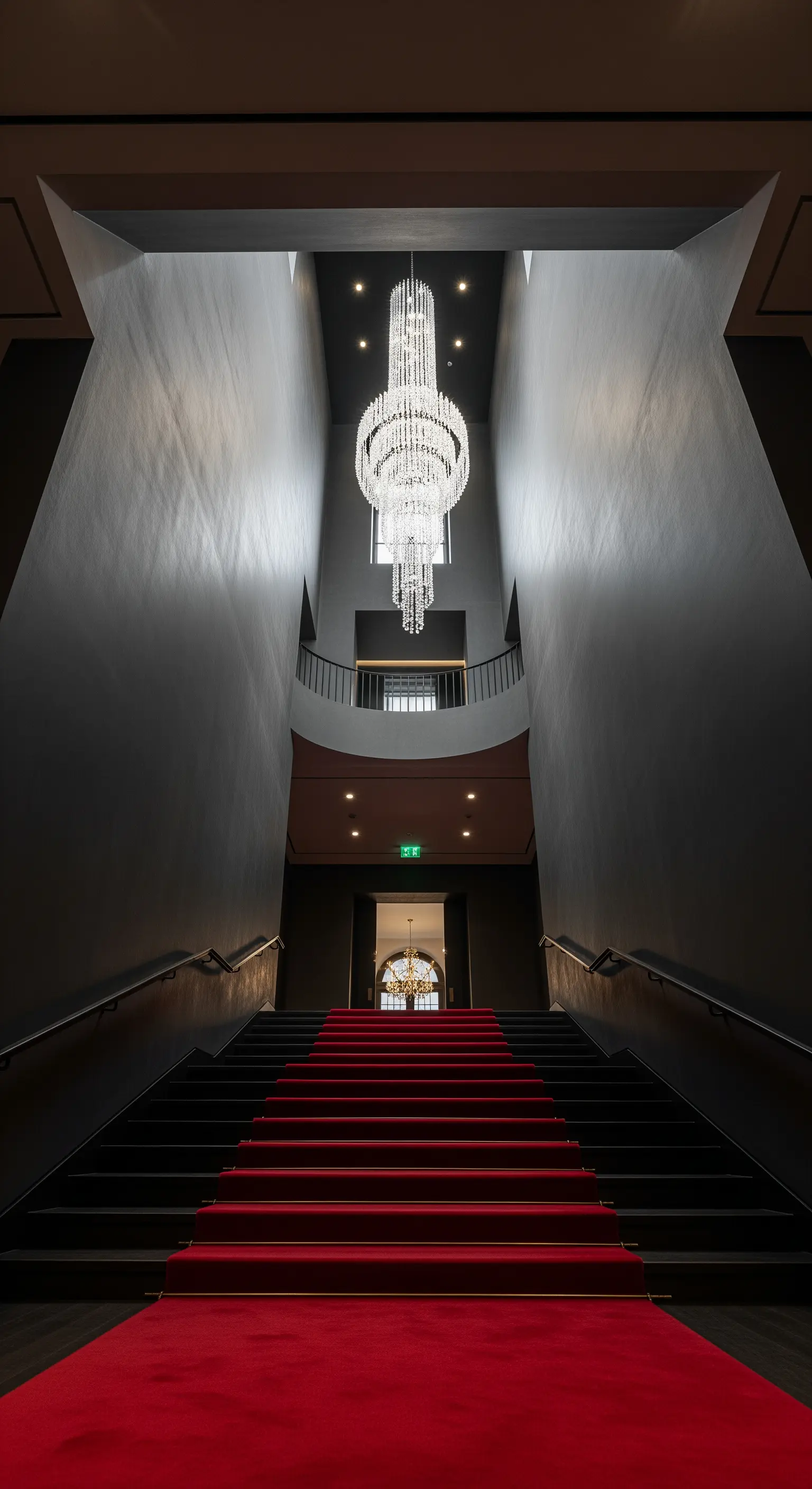 Dunkles Treppenhaus mit einem leuchtend roten Teppich, der eine schwarze Treppe hinaufführt