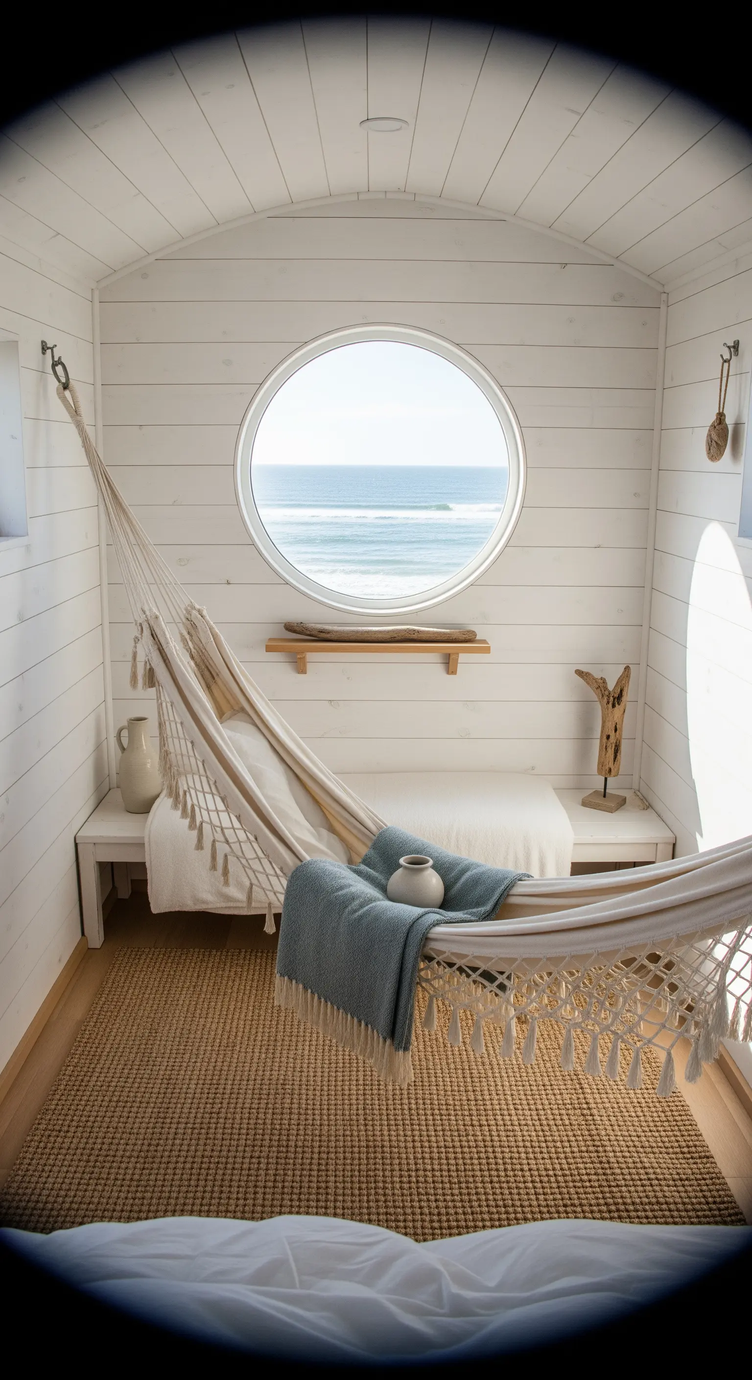 Entspannungsraum mit Hängematte und rundem Fenster mit Blick auf das Meer.