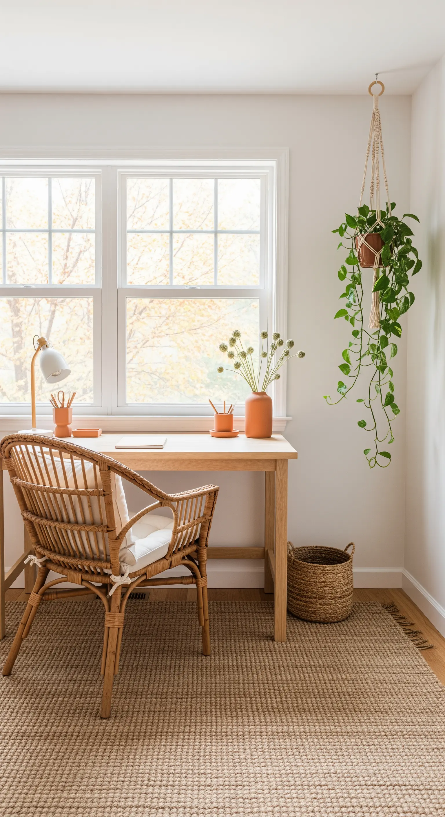 Heller Boho-Arbeitsplatz mit Rattanstuhl, Jute-Teppich und Hängepflanze.