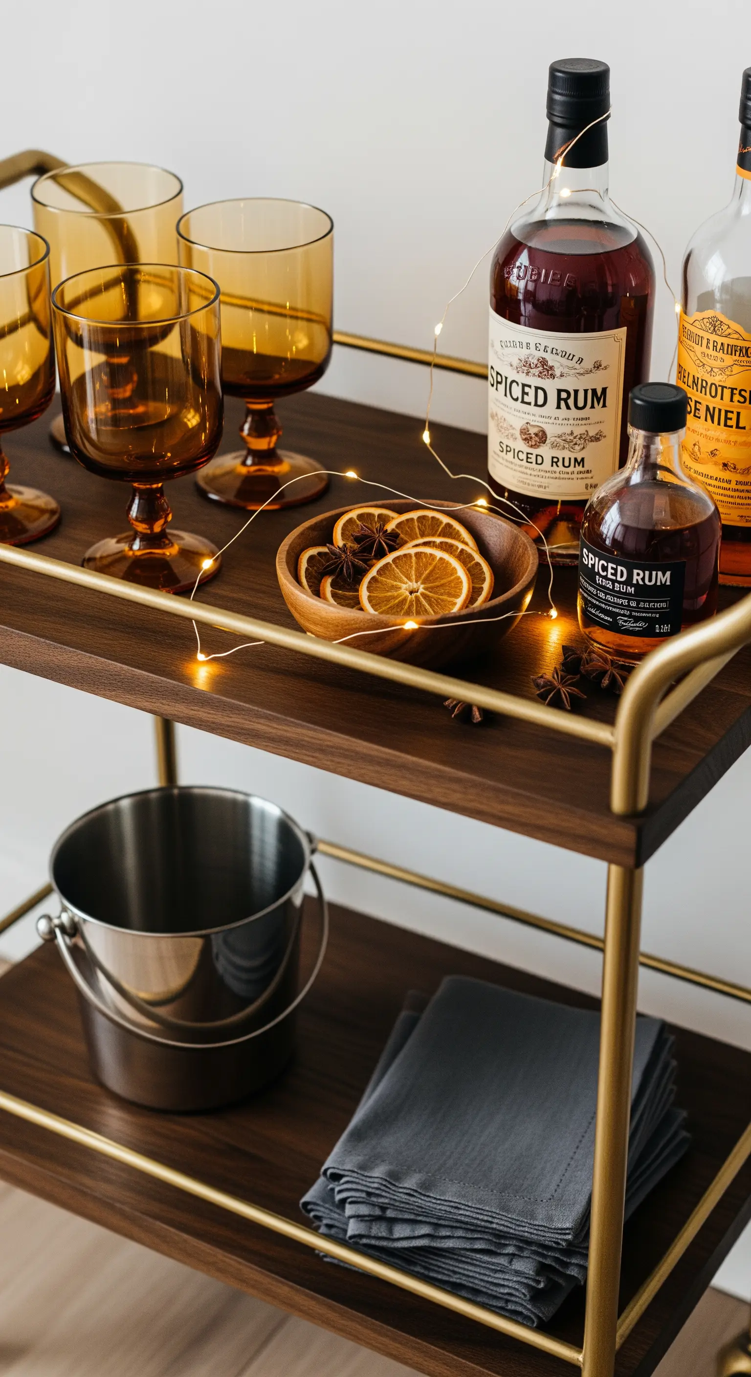 Stilvoller Barwagen mit bernsteinfarbenen Gläsern, Spirituosen und einer leuchtenden Lichterkette.