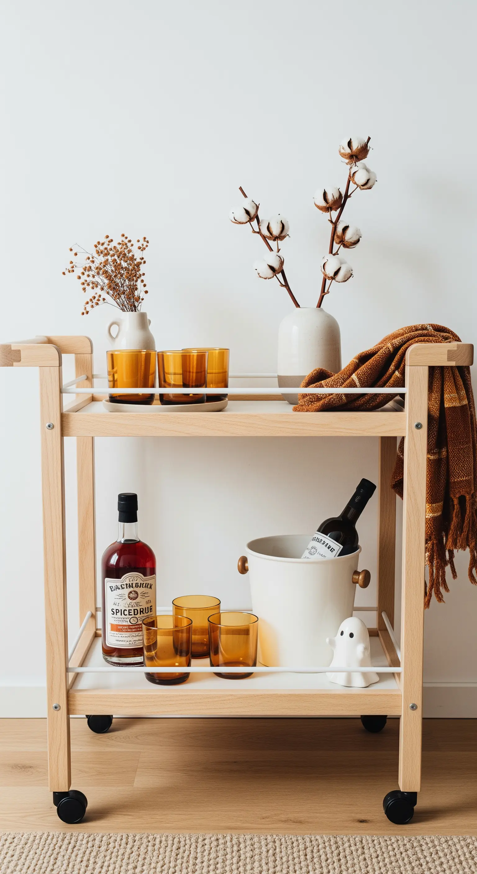 Herbstlicher Barwagen mit bernsteinfarbenen Gläsern und Baumwollzweigen