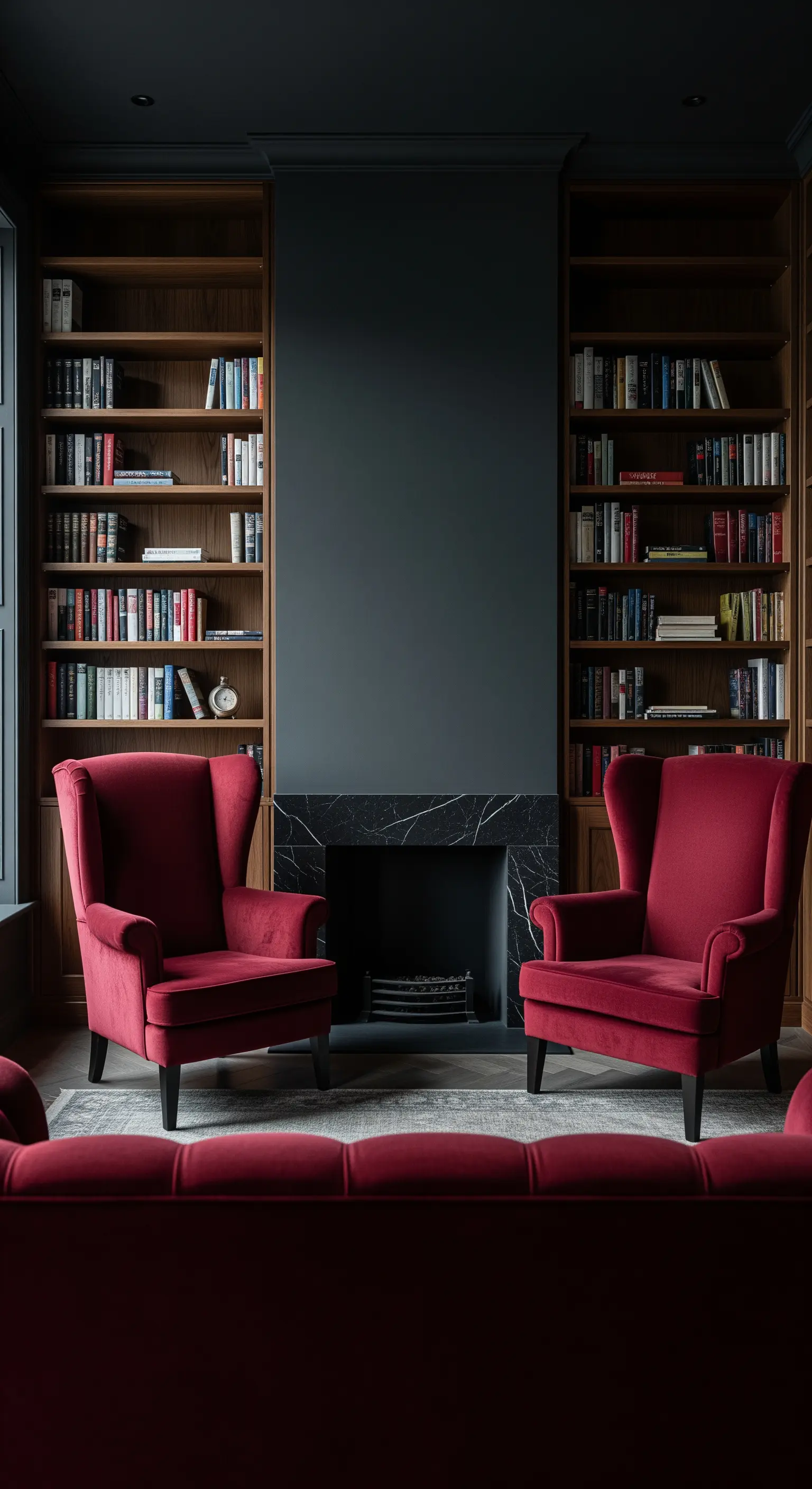 Bibliothek mit zwei gegenüberstehenden Ohrensesseln aus rotem Samt vor einem schwarzen Kamin