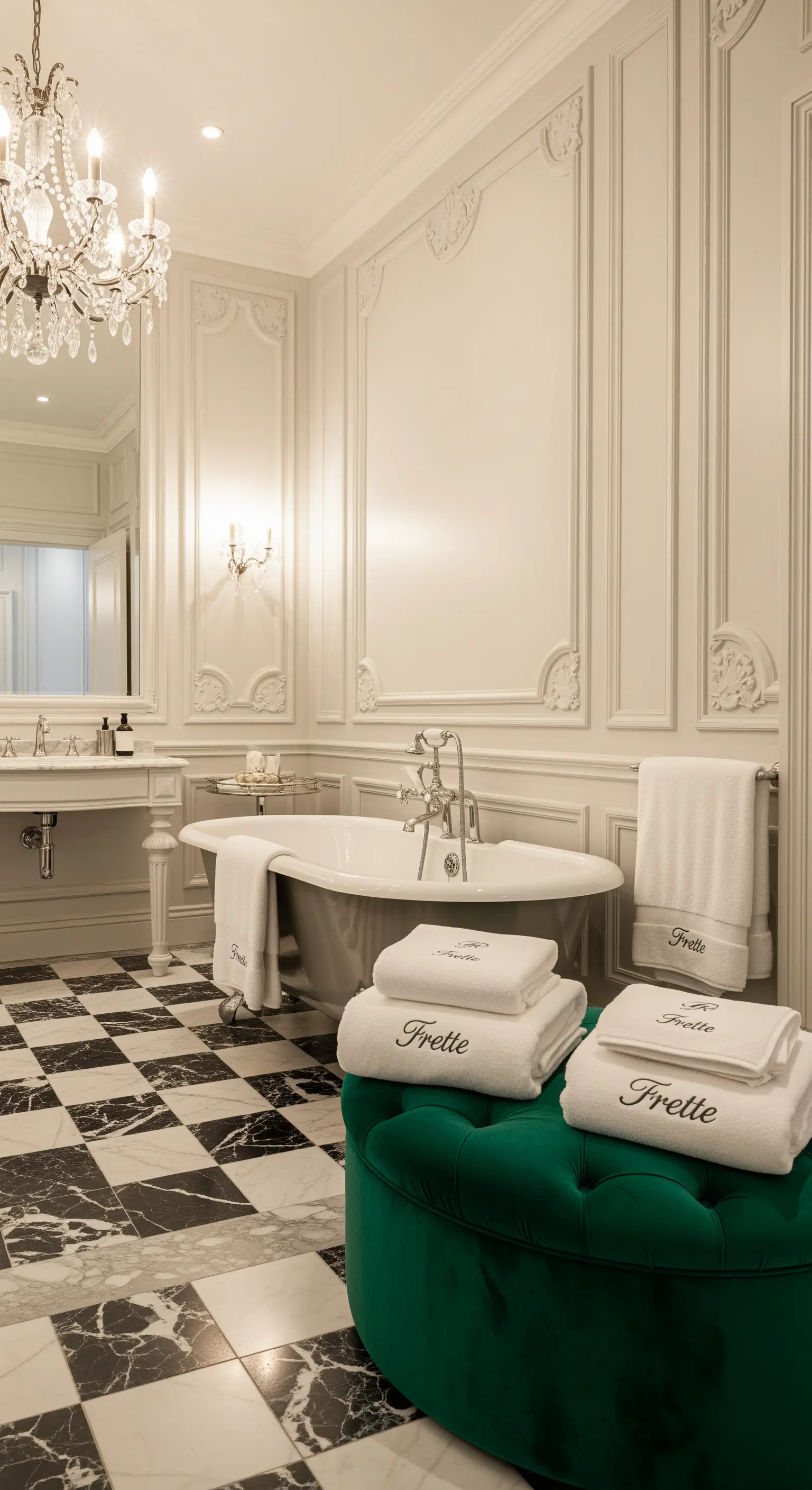 Smaragdgrüner Samt-Pouf mit weißen Handtüchern in einem klassischen Pariser Bad.