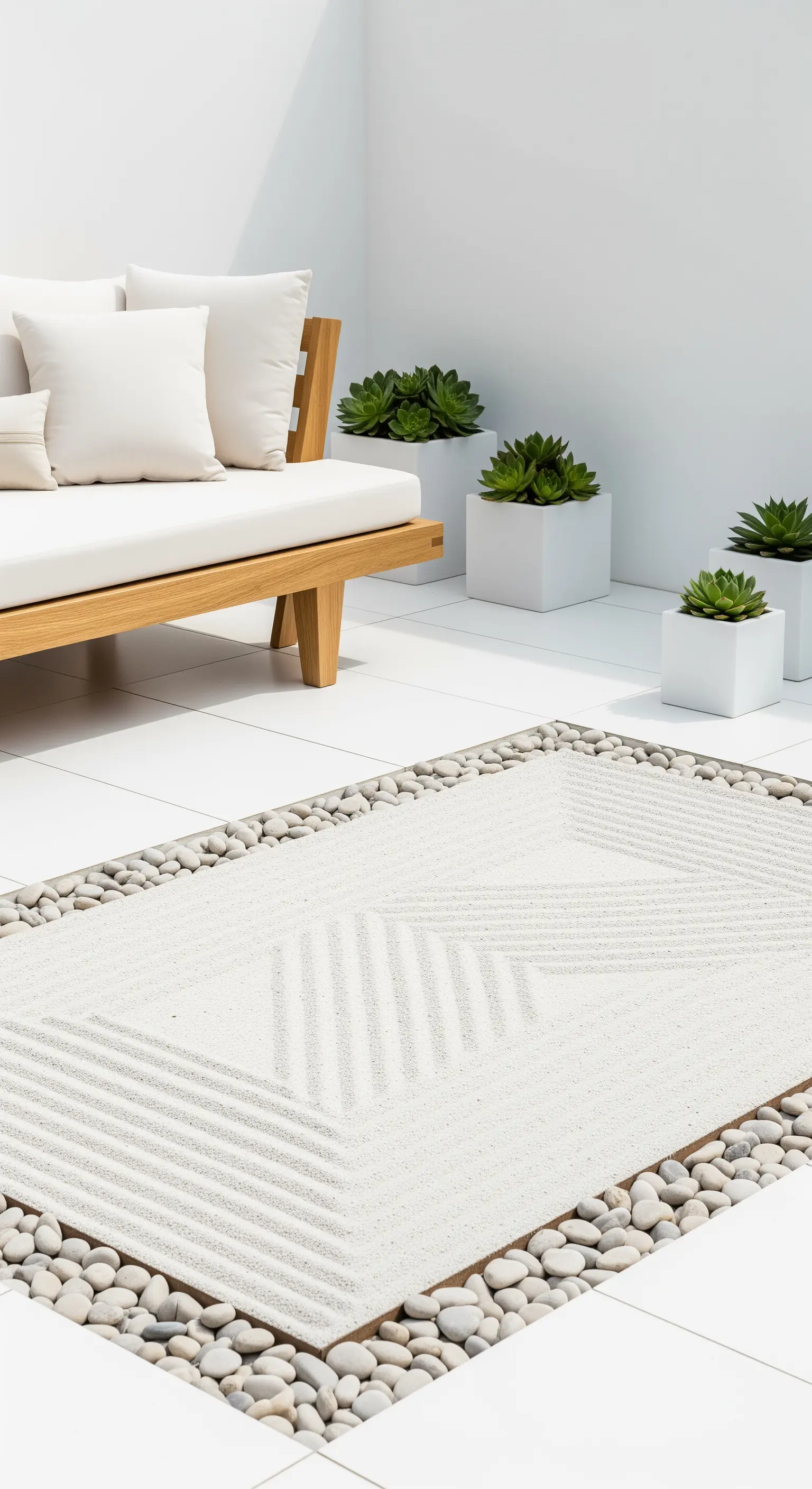 Moderner Sand-Teppich mit Kieseleinfassung auf einer weißen Terrasse.