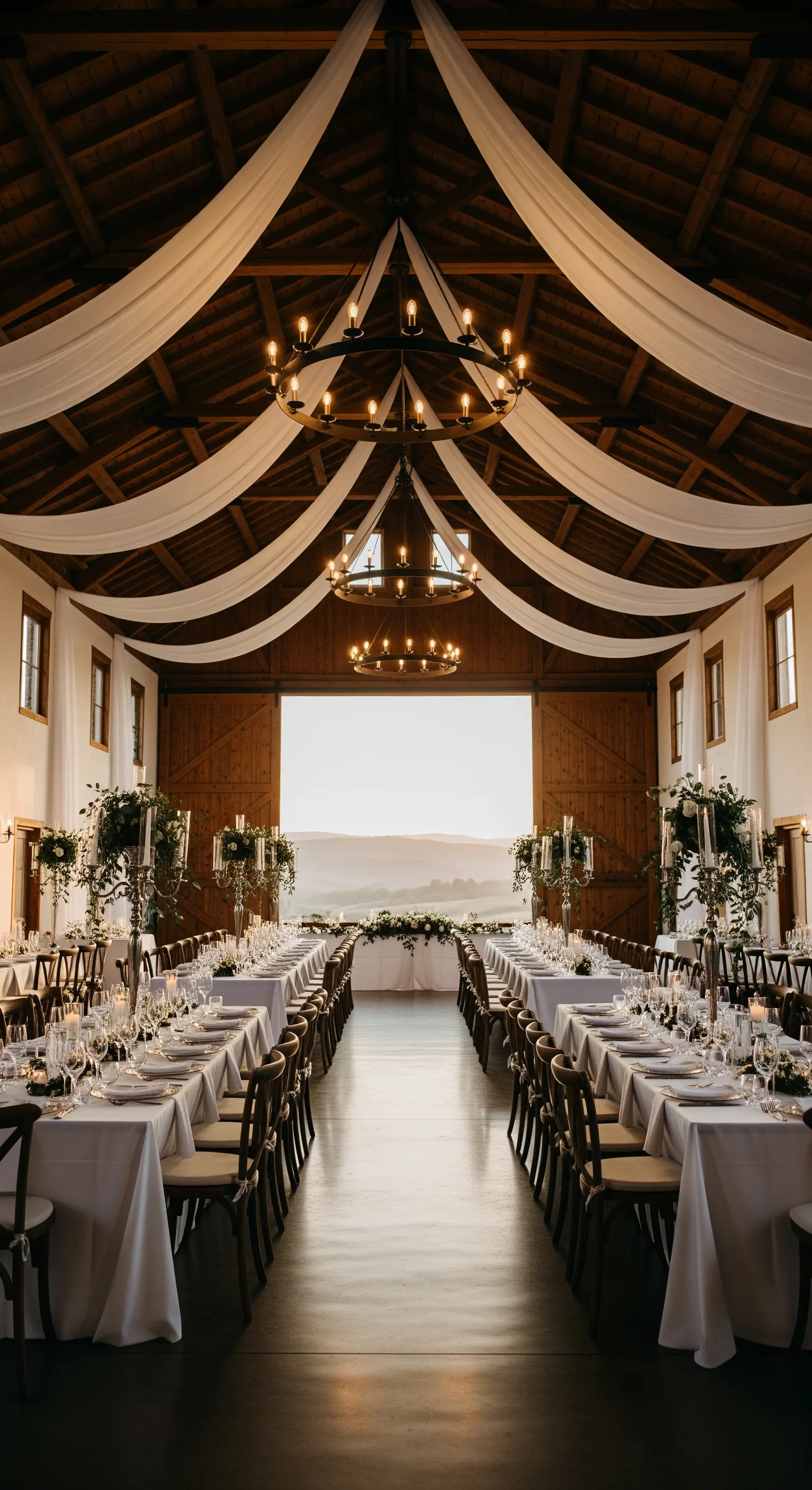 Großer Festsaal in einer Scheune, dessen Decke mit weißen Stoffbahnen und Kronleuchtern dekoriert ist