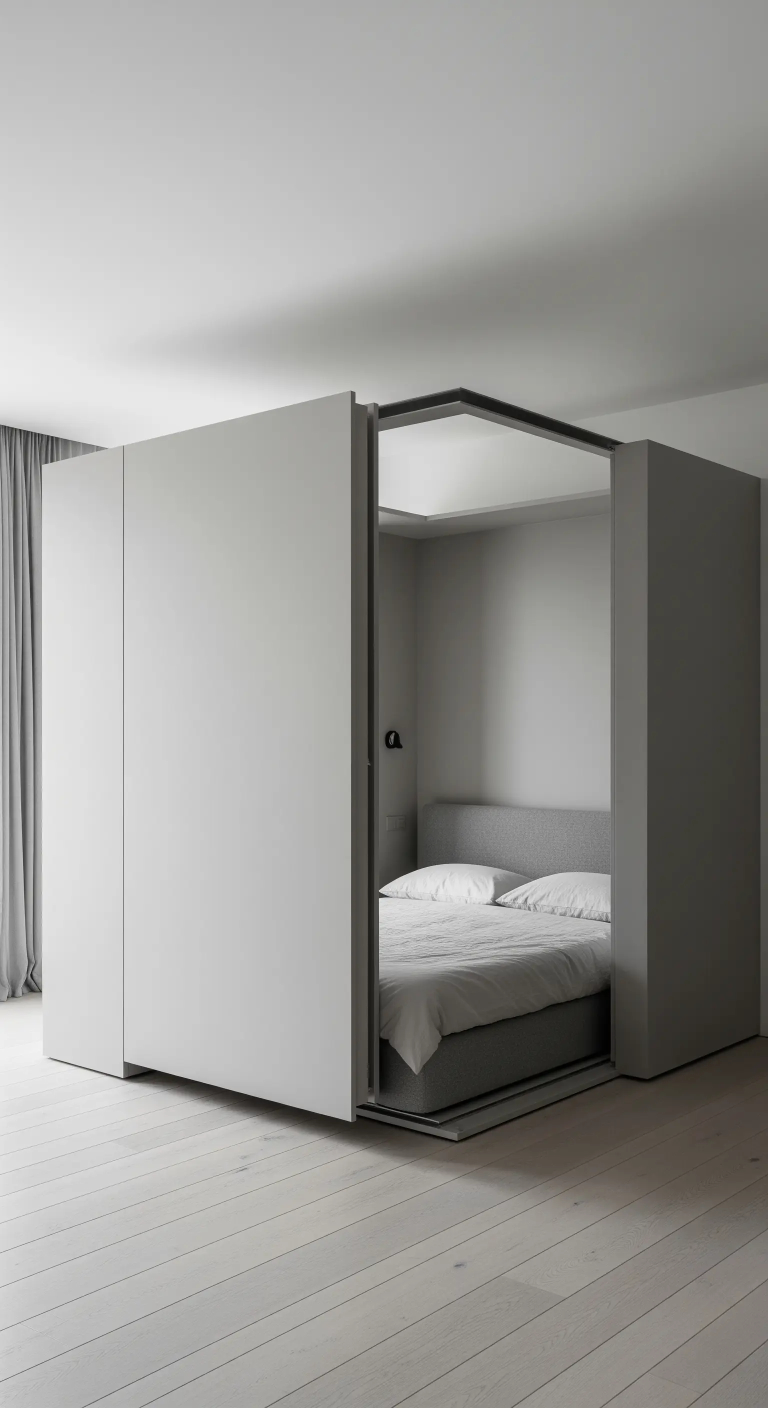 Ein ausfahrbares Bett kommt aus einer grauen, würfelförmigen Wandeinheit