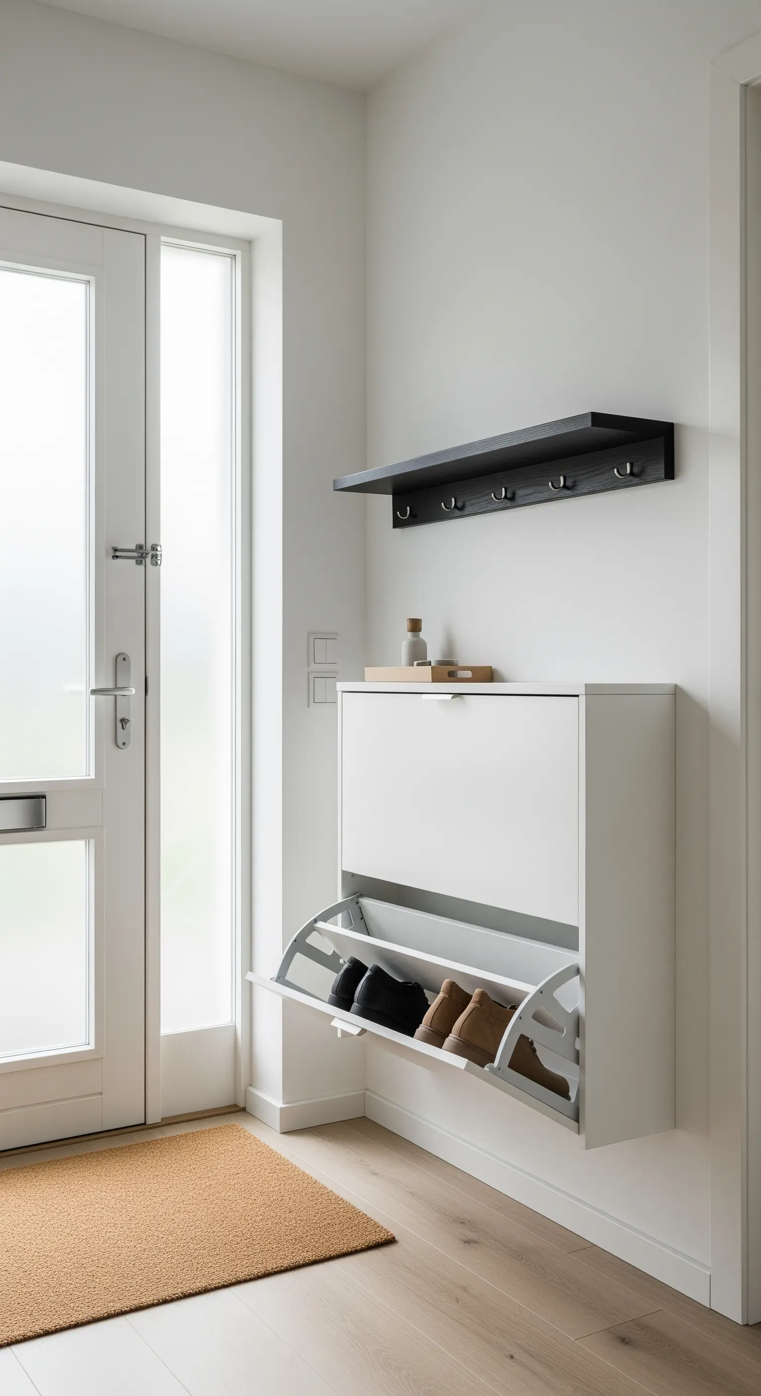 Weißer, wandmontierter Schuhkipper in einem hellen Flur neben der Eingangstür.