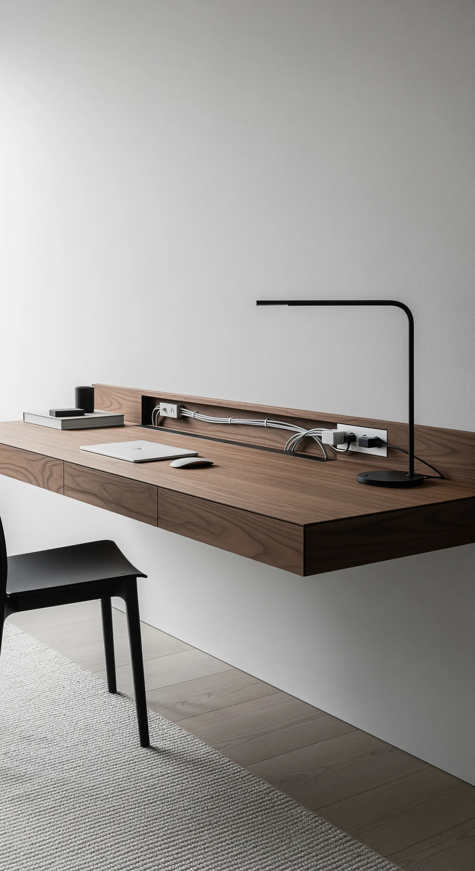 Schwebender Holzschreibtisch mit integriertem Kabelfach für ein aufgeräumtes Homeoffice.