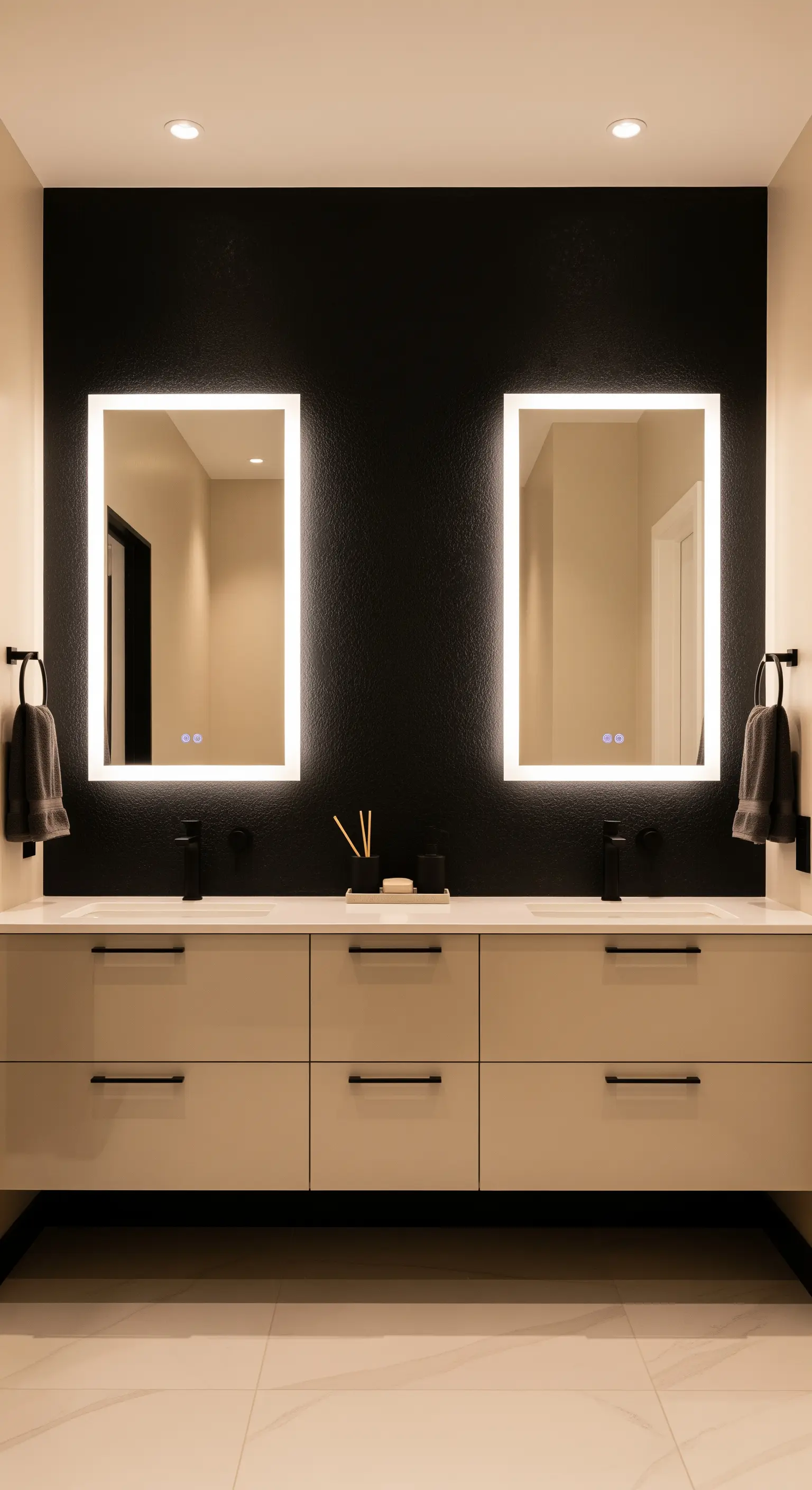 Moderner Waschtisch vor einer schwarzen Akzentwand mit zwei vertikalen, beleuchteten Spiegeln.