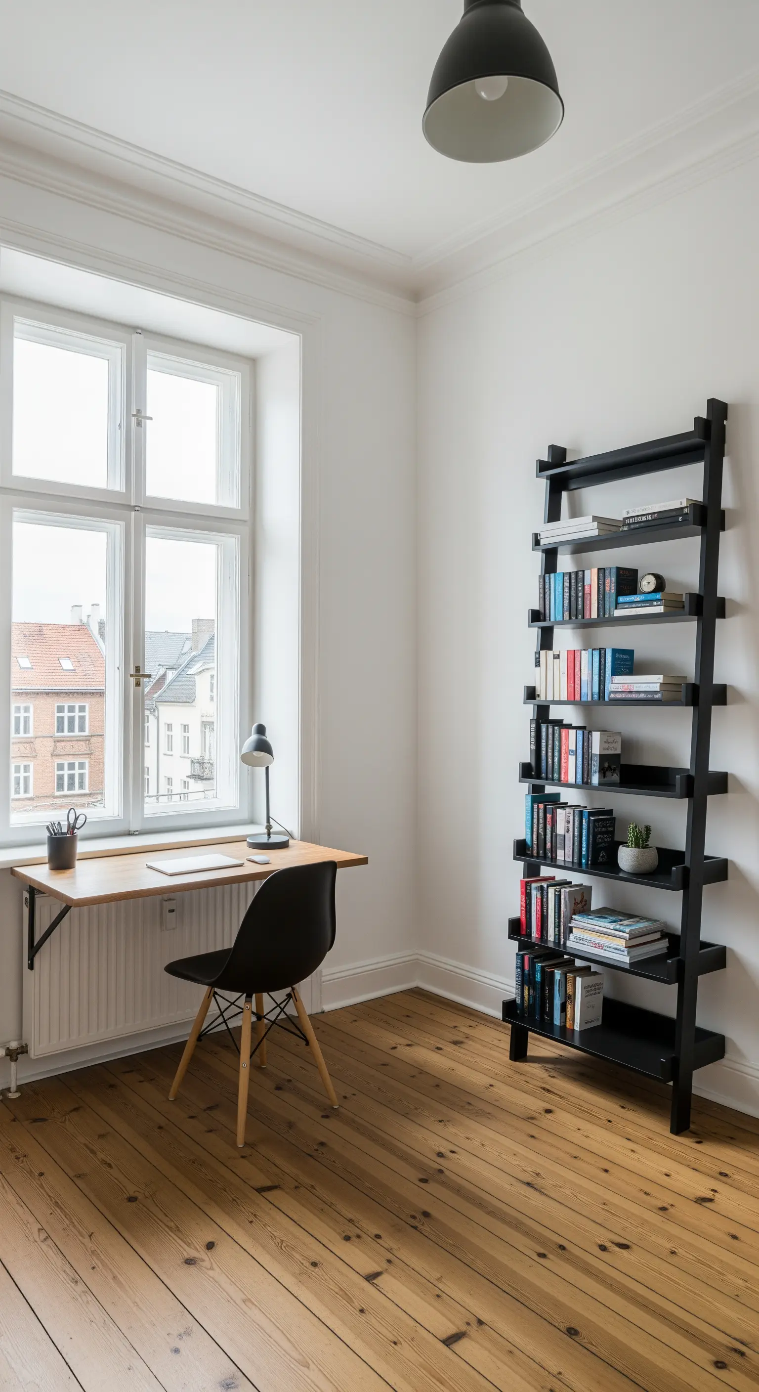 Minimalistischer Arbeitsplatz mit einem Schreibtisch am Fenster und einem schwarzen Leiterregal.