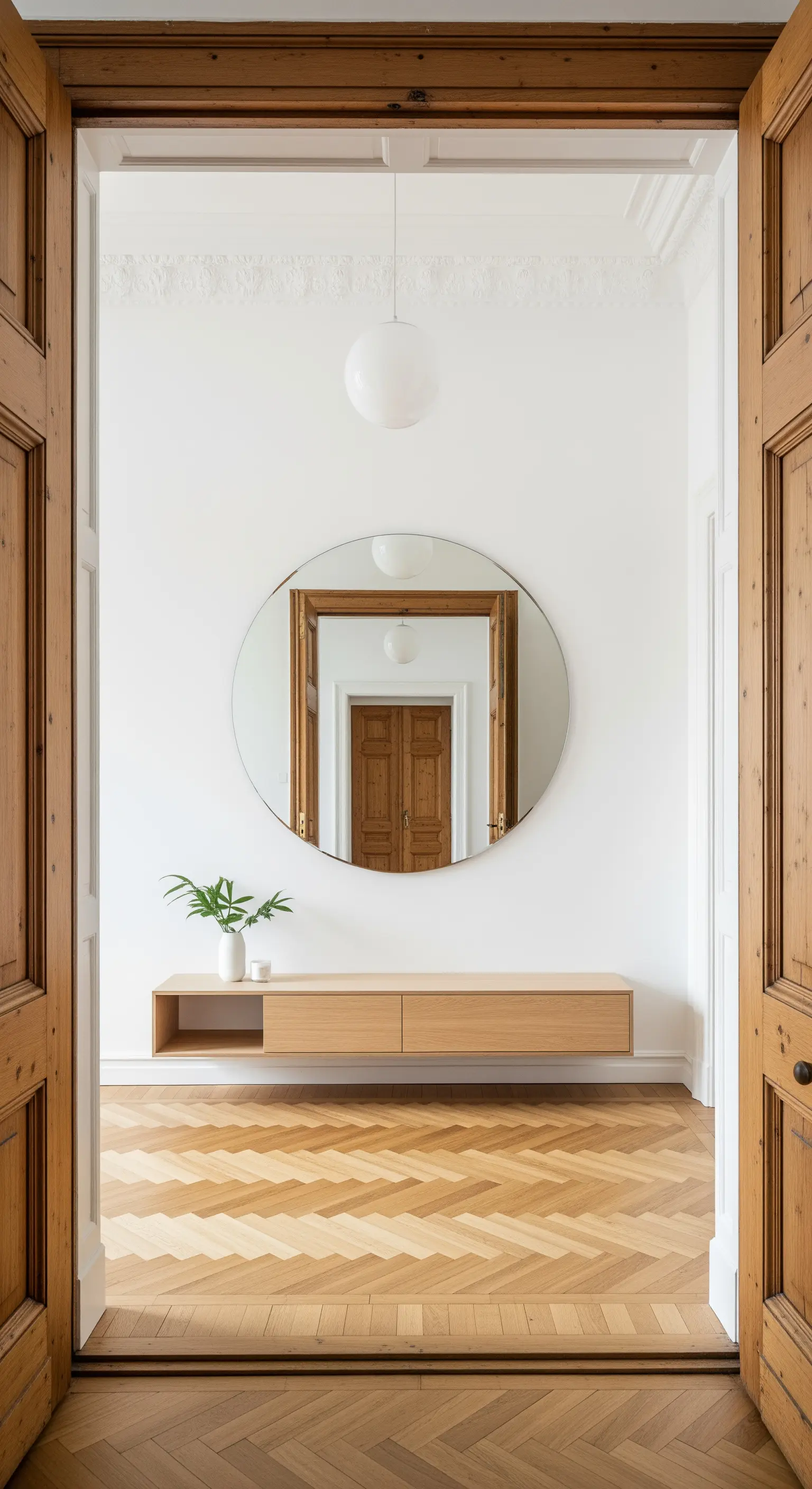 Minimalistischer Eingangsbereich mit einem schwebenden Holz-Sideboard und einem großen runden Spiegel.