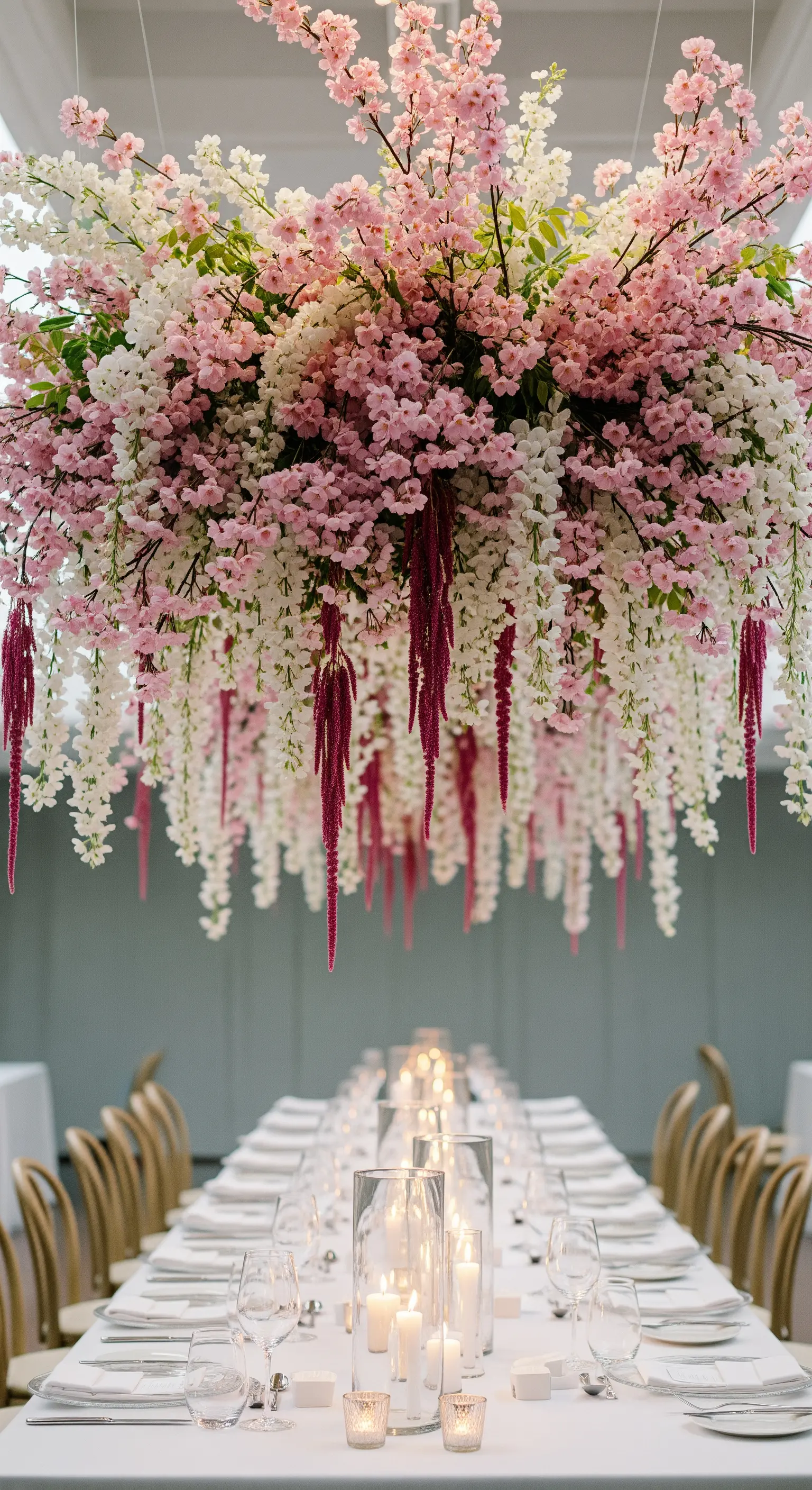 Eine beeindruckende, hängende Blumeninstallation aus Kirschblüten über einem langen Esstisch