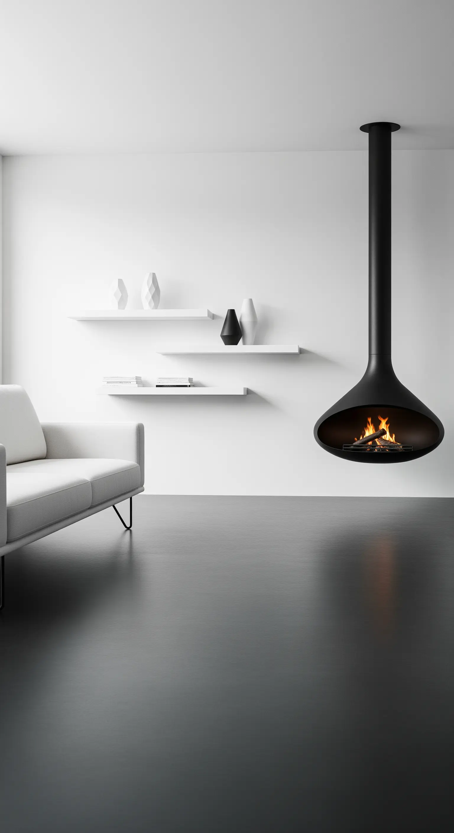 Modernes Wohnzimmer mit einem schwarzen, von der Decke hängenden Kamin.